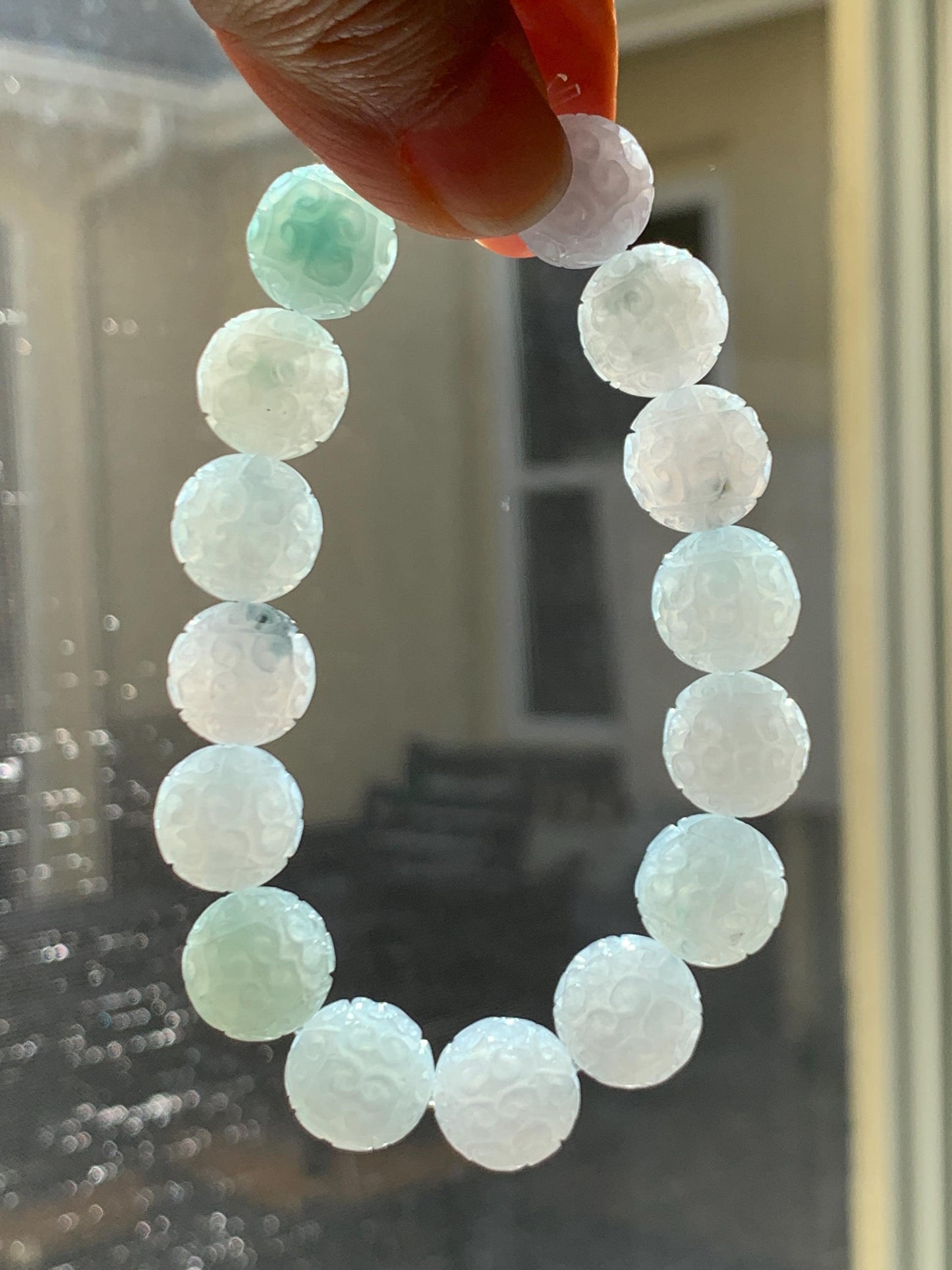 Certified Natural Grade A Icy Translucent Multicolored Pastel Jade Jadeite Engraved Beads Beaded Bracelet 12.5mm 7.25” 天然冰胶多宝翡翠仿古雕珠手串 0768