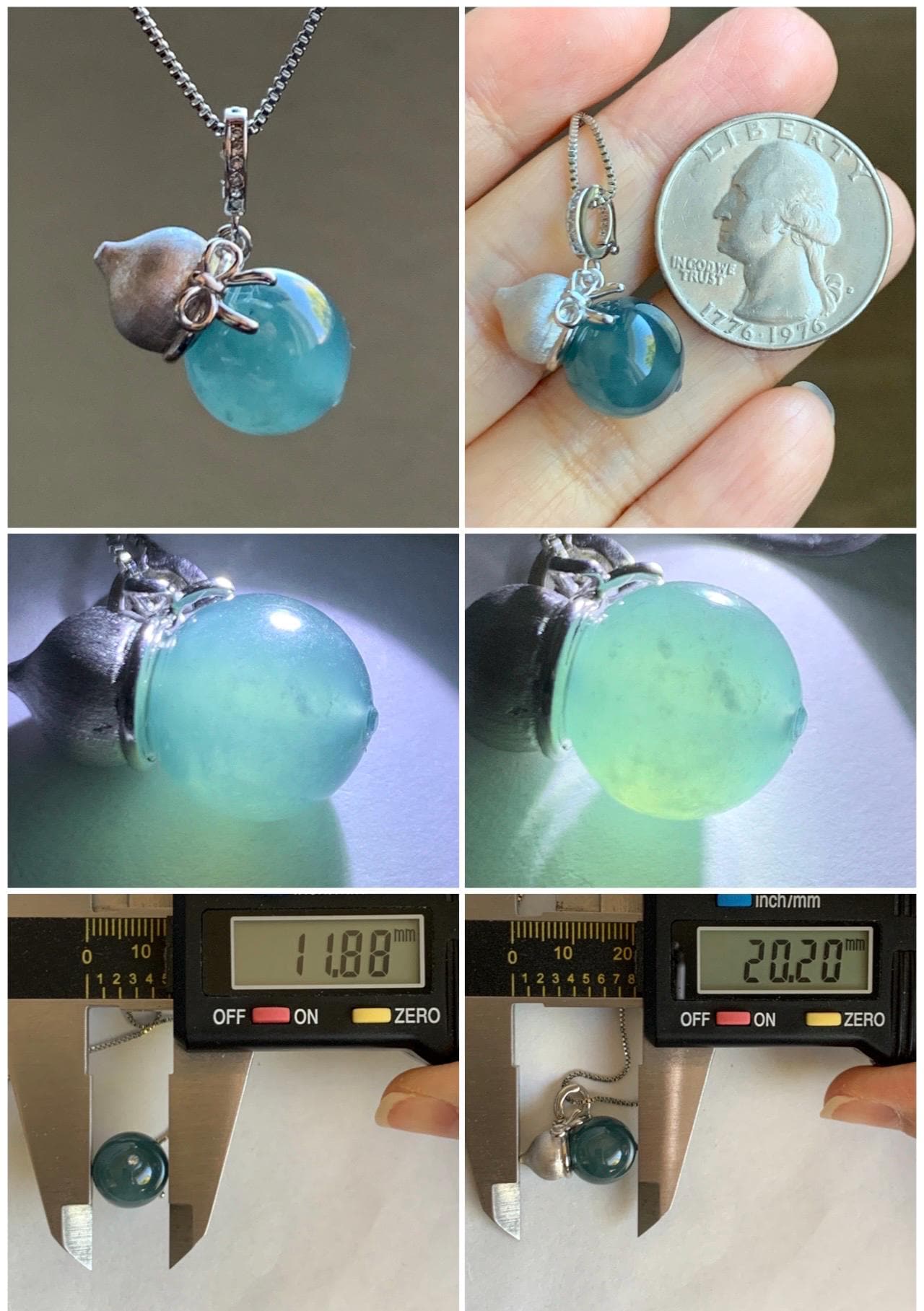 Natural Grade A Guatemalan Icy Highly Translucent Dark Teal Blue Jade Jadeite Bead Gourd Hulu Pendant Sterling Silver 天然冰危蓝翡翠单珠葫芦镶嵌吊坠 DZH132