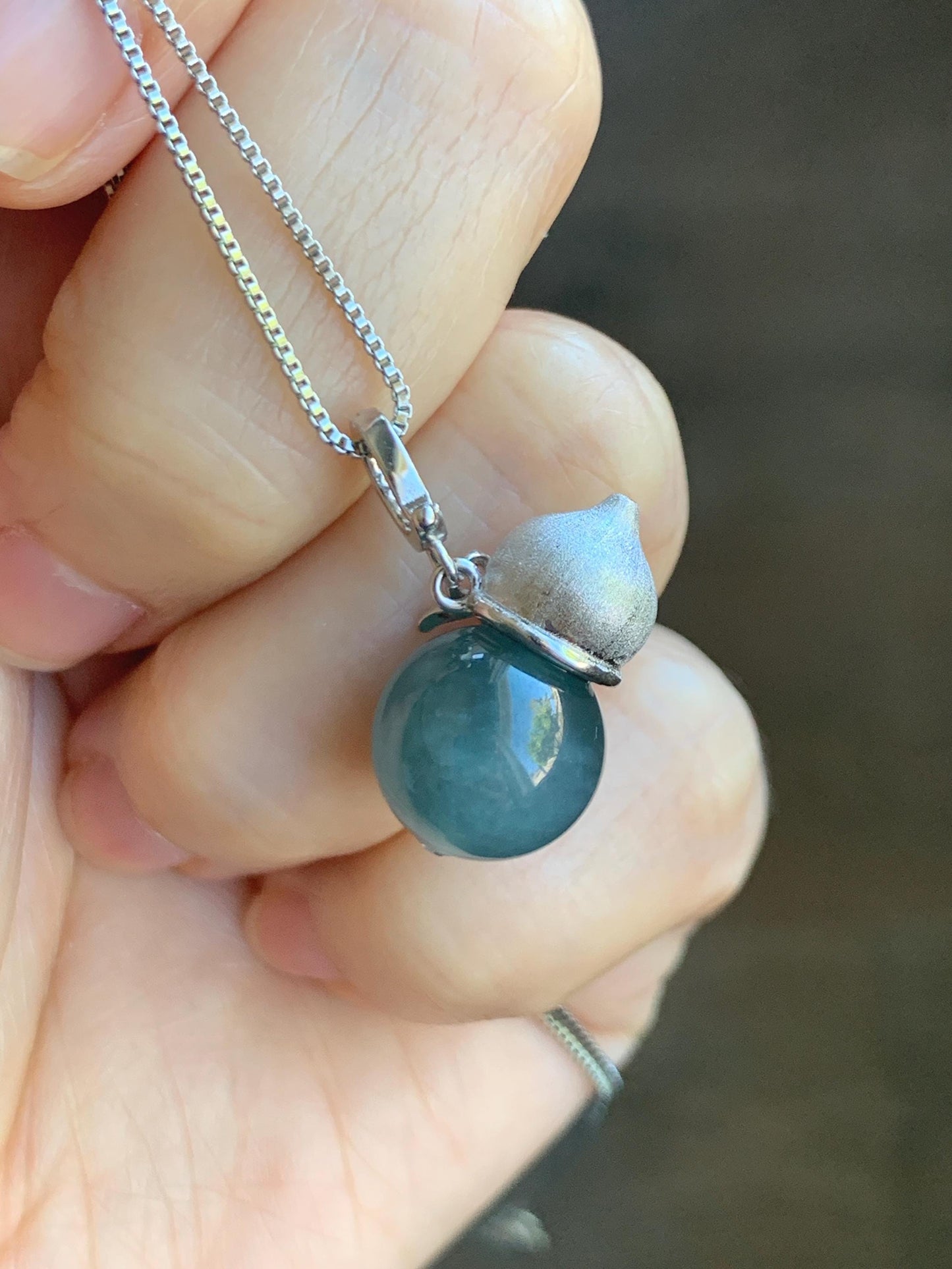 Natural Grade A Guatemalan Icy Highly Translucent Dark Teal Blue Jade Jadeite Bead Gourd Hulu Pendant Sterling Silver 天然冰危蓝翡翠单珠葫芦镶嵌吊坠 DZH132