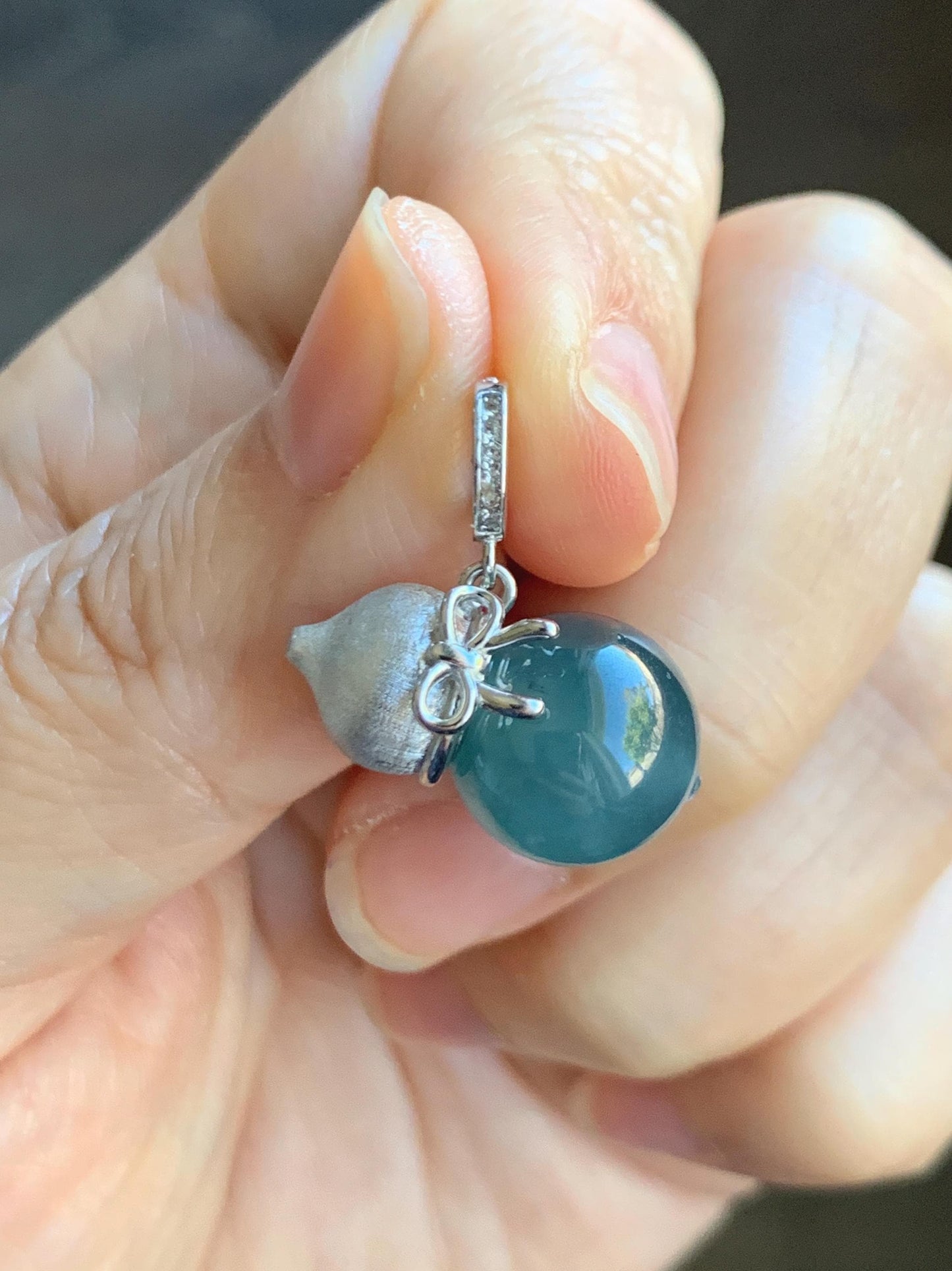 Natural Grade A Guatemalan Icy Highly Translucent Dark Teal Blue Jade Jadeite Bead Gourd Hulu Pendant Sterling Silver 天然冰危蓝翡翠单珠葫芦镶嵌吊坠 DZH132