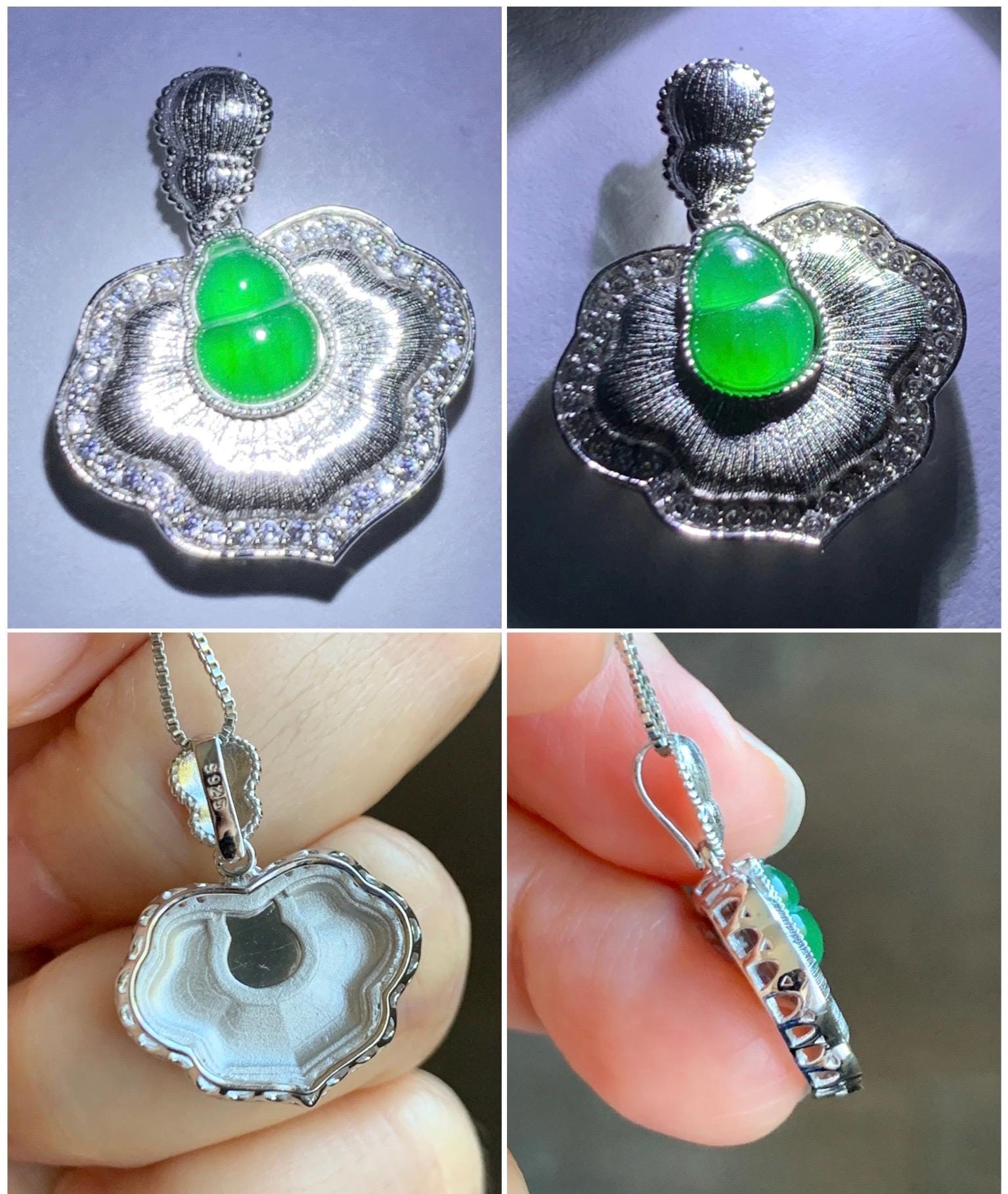 Natural Grade A Guatemalan Icy Translucent Vibrant Green Jade Jadeite Gourd Hulu Pendant Sterling Silver 天然冰危绿翡翠葫芦吊坠 HLS77