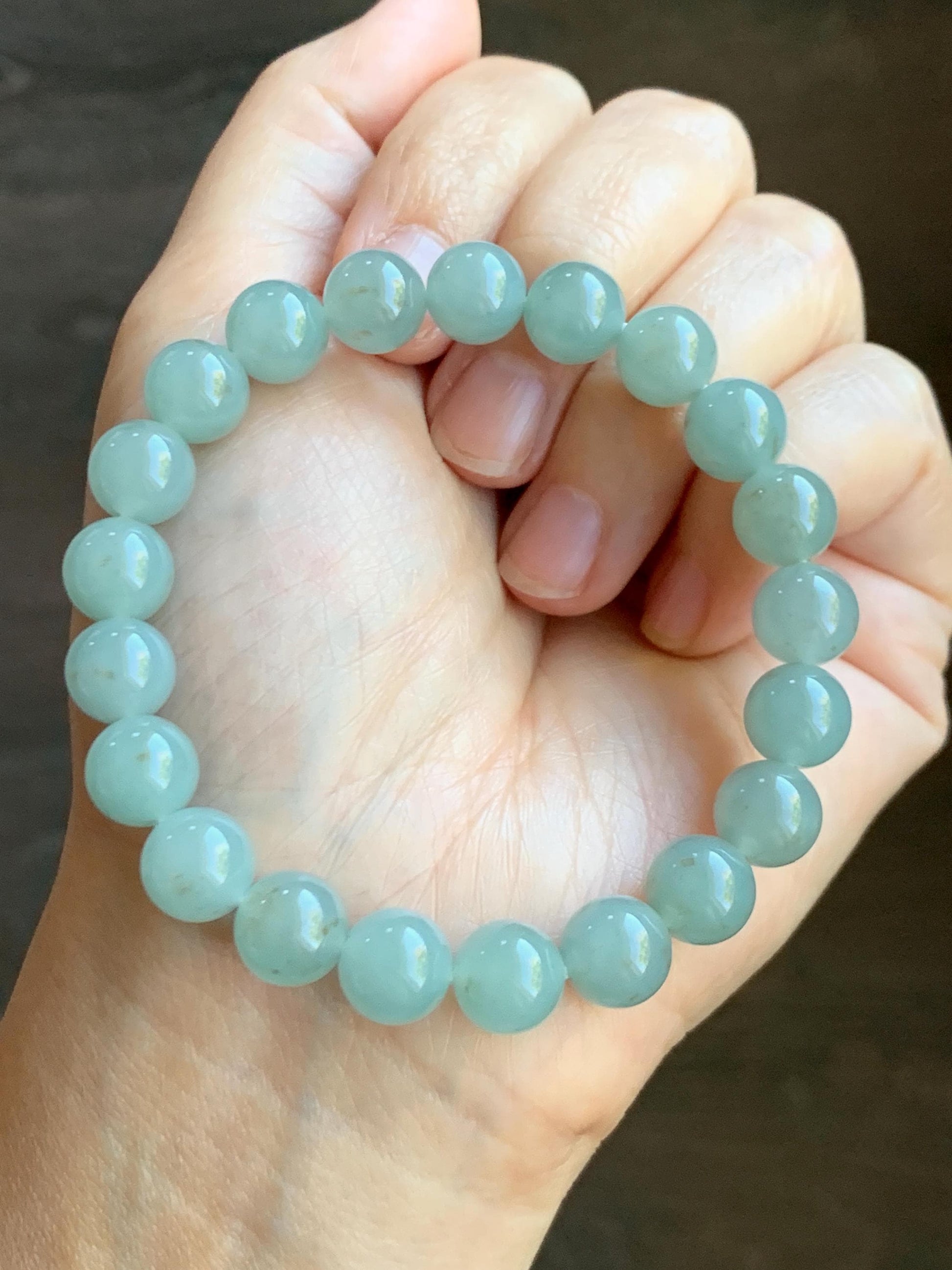 Natural Grade A Icy Translucent Gelatinous Light Dusty Green Rust Marbled Jade Jadeite Beaded Bracelet 7.25” 9.4mm 29g 天然冰胶晴底撒金翡翠圆珠手串 MSJ188