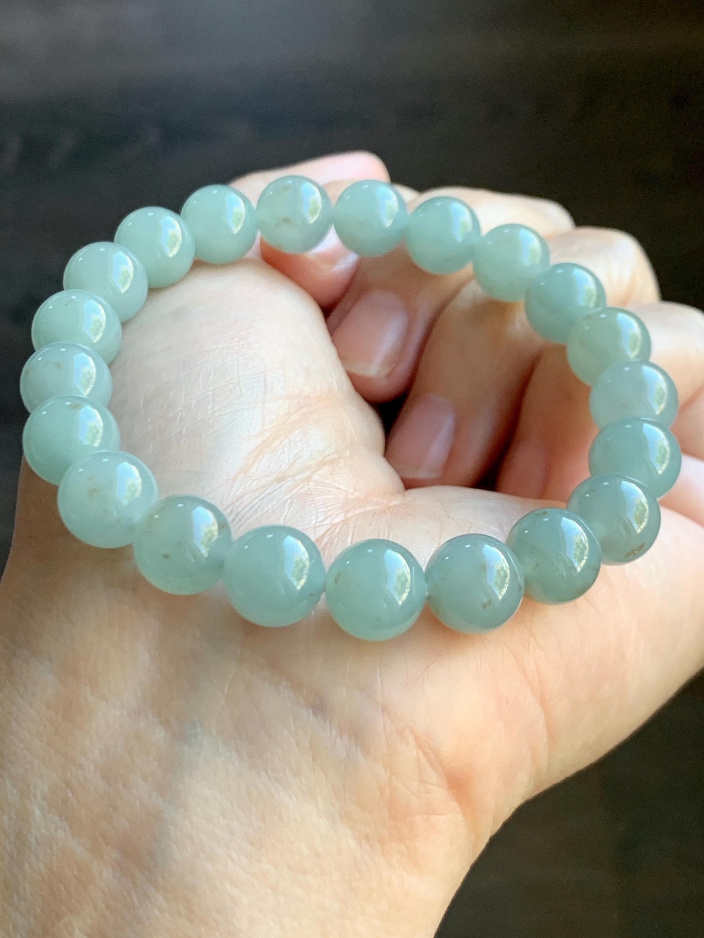 Natural Grade A Icy Translucent Gelatinous Light Dusty Green Rust Marbled Jade Jadeite Beaded Bracelet 7.25” 9.4mm 29g 天然冰胶晴底撒金翡翠圆珠手串 MSJ188