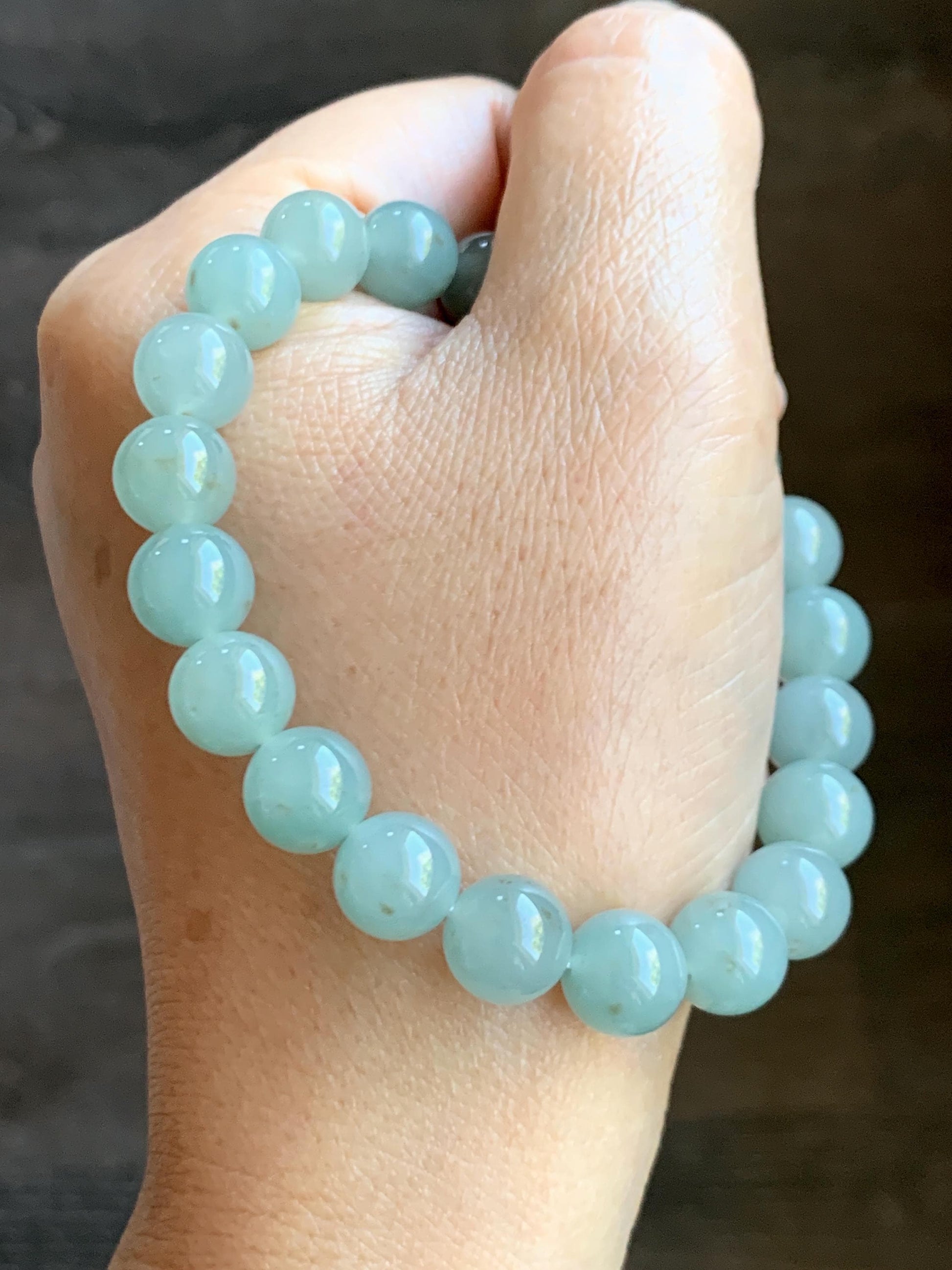 Natural Grade A Icy Translucent Gelatinous Light Dusty Green Rust Marbled Jade Jadeite Beaded Bracelet 7.25” 9.4mm 29g 天然冰胶晴底撒金翡翠圆珠手串 MSJ188