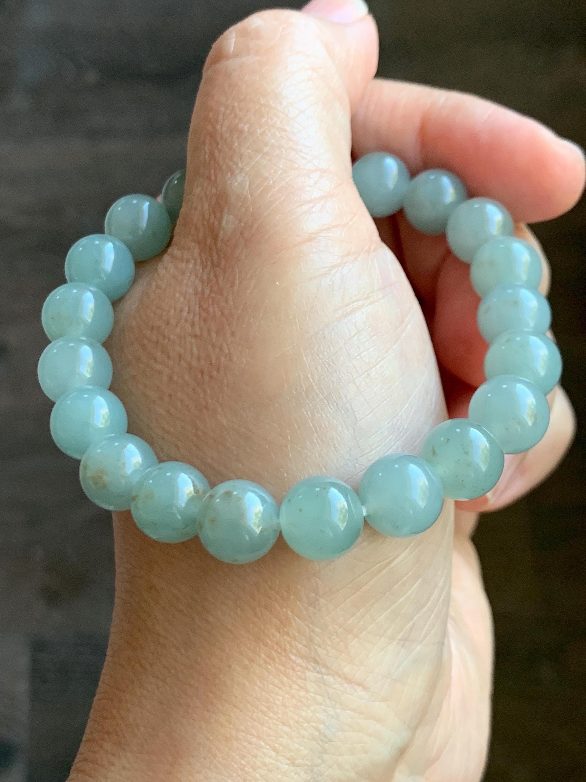 Natural Grade A Icy Translucent Gelatinous Light Dusty Green Rust Marbled Jade Jadeite Beaded Bracelet 7.25” 9.4mm 29g 天然冰胶晴底撒金翡翠圆珠手串 MSJ188