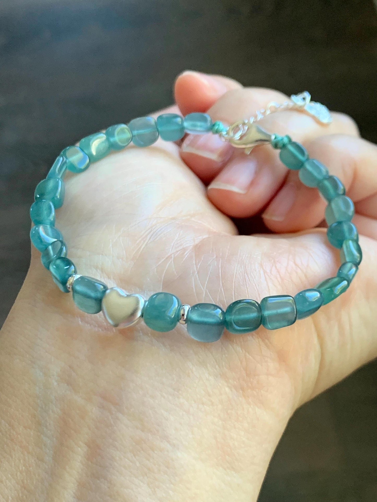 Natural Grade A Guatemalan Icy Highly Translucent Teal Blue Jade Jadeite Nugget Beads Beaded Bracelet Sterling Silver 7” 天然冰透危蓝翡翠随形珠手串XSX184