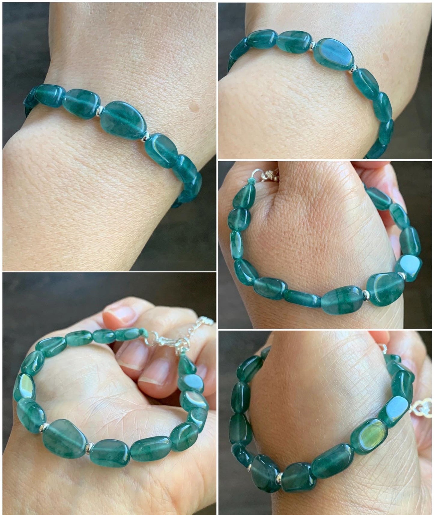 Natural Grade A Guatemalan Icy Highly Translucent Teal Green Jade Jadeite Nugget Beaded Bracelet Sterling Silver 6.75” 天然冰透危蓝绿翡翠随形珠手串 XSX190