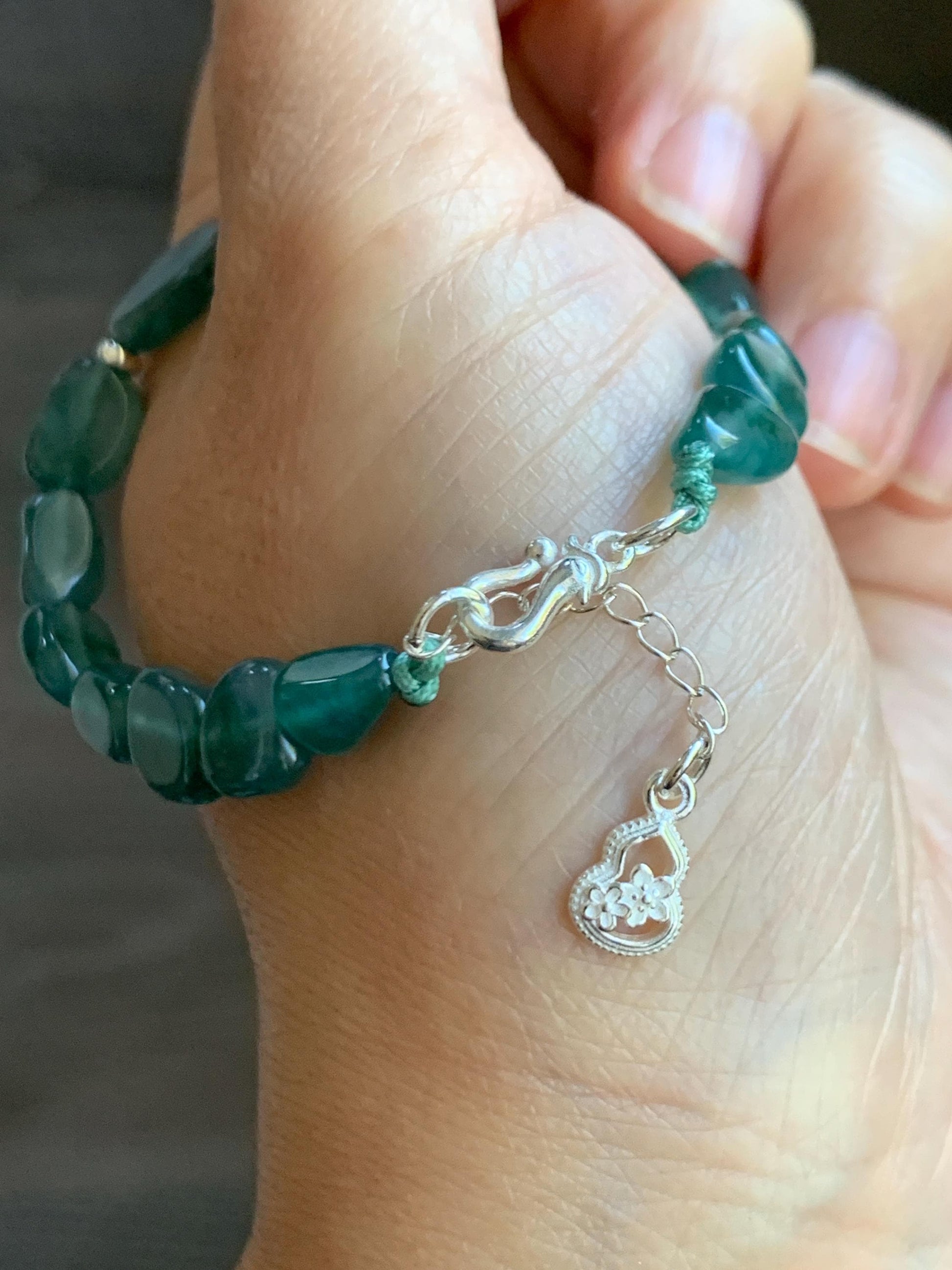 Natural Grade A Guatemalan Icy Highly Translucent Teal Green Jade Jadeite Nugget Beaded Bracelet Sterling Silver 6.75” 天然冰透危蓝绿翡翠随形珠手串 XSX190