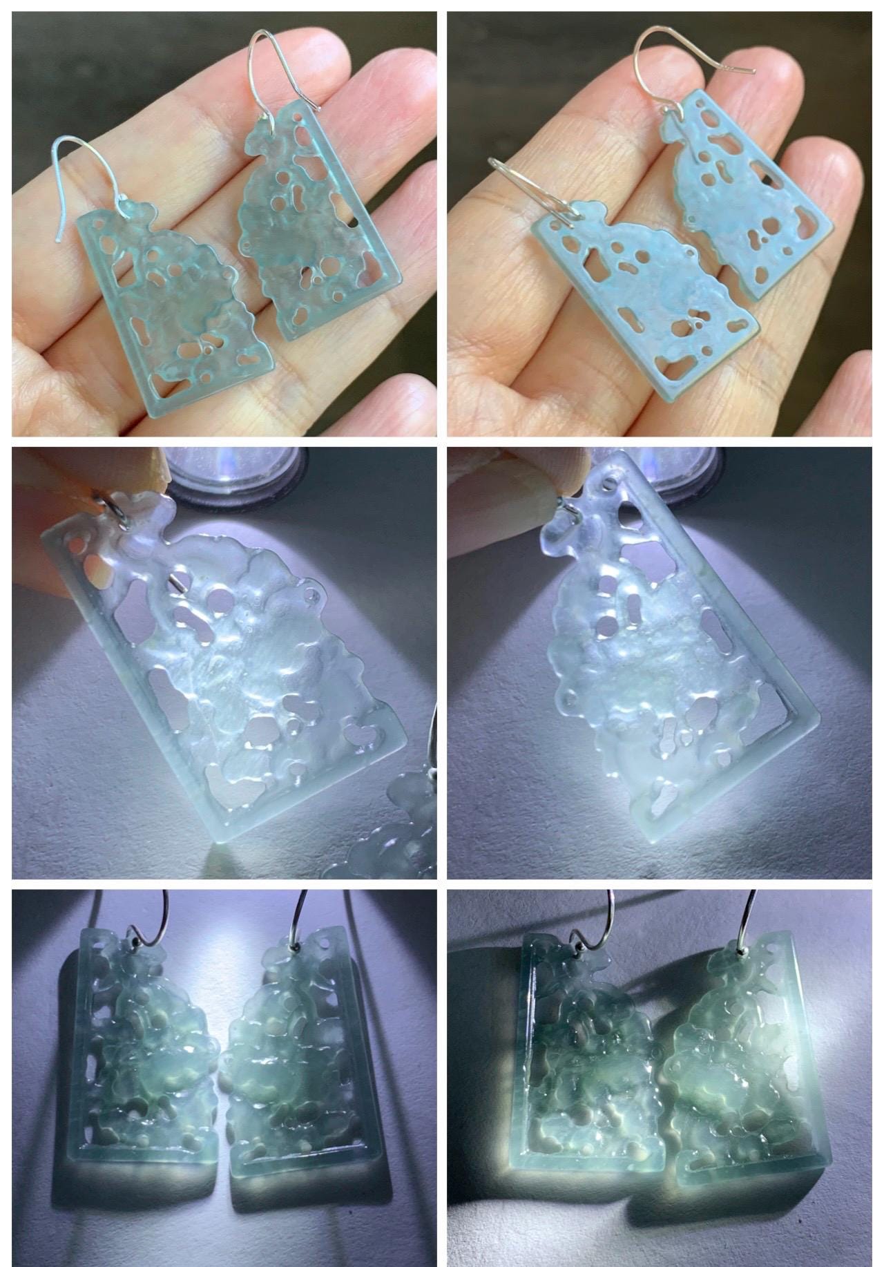 Natural Grade A Guatemalan Icy Highly Translucent Pastel Blue Jade Jadeite Openwork Engraved Earrings Sterling Silver 天然冰危淡蓝翡翠镂空雕耳钩 WDL132