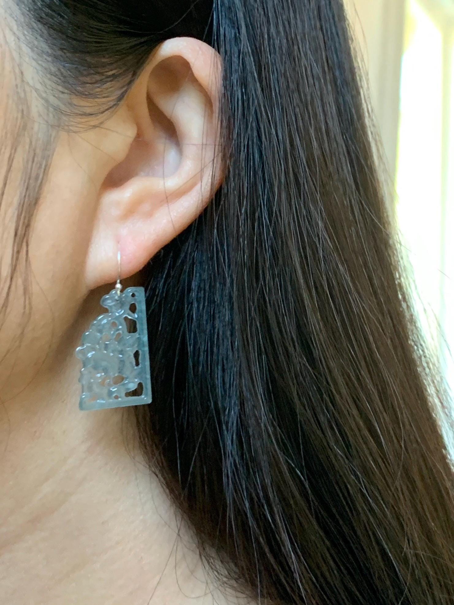 Natural Grade A Guatemalan Icy Highly Translucent Pastel Blue Jade Jadeite Openwork Engraved Earrings Sterling Silver 天然冰危淡蓝翡翠镂空雕耳钩 WDL132