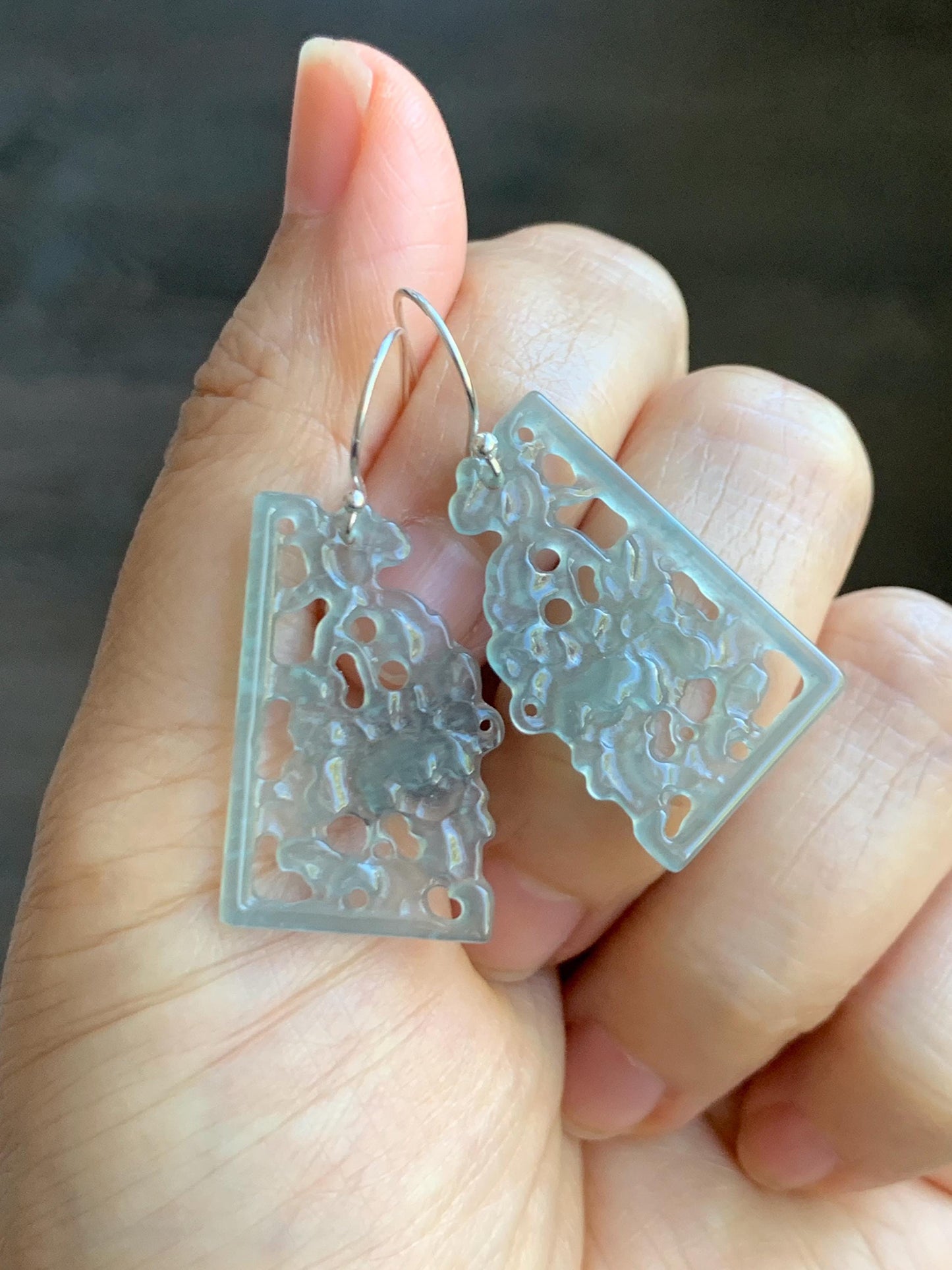 Natural Grade A Guatemalan Icy Highly Translucent Pastel Blue Jade Jadeite Openwork Engraved Earrings Sterling Silver 天然冰危淡蓝翡翠镂空雕耳钩 WDL132