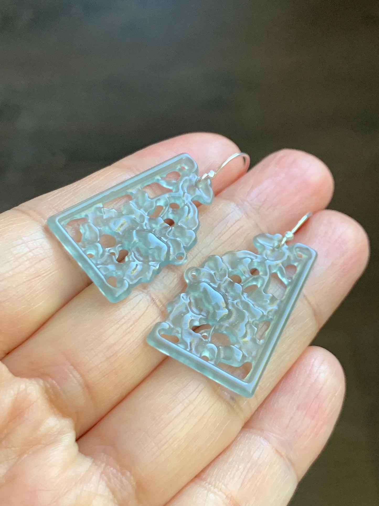 Natural Grade A Guatemalan Icy Highly Translucent Pastel Blue Jade Jadeite Openwork Engraved Earrings Sterling Silver 天然冰危淡蓝翡翠镂空雕耳钩 WDL132