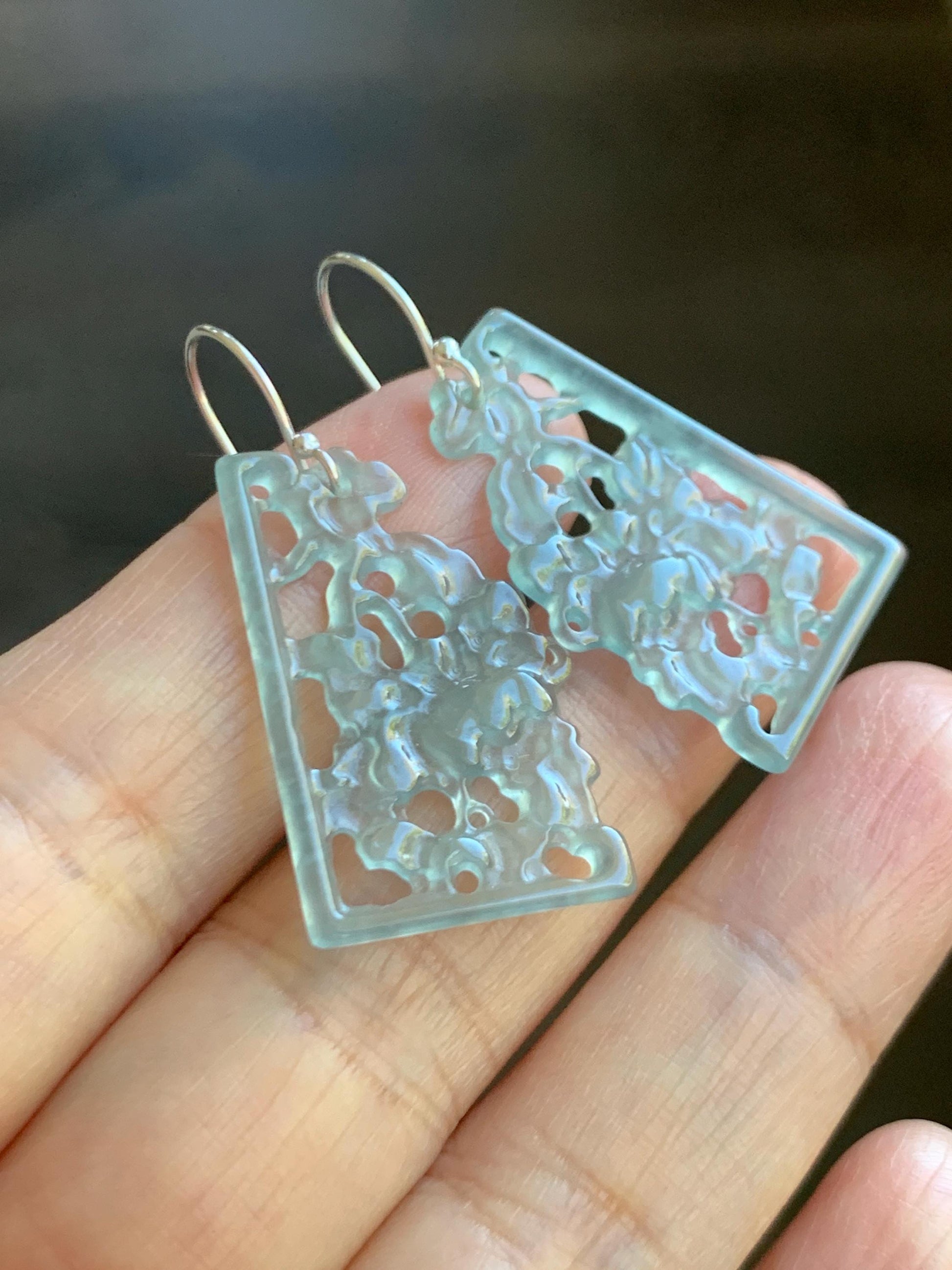 Natural Grade A Guatemalan Icy Highly Translucent Pastel Blue Jade Jadeite Openwork Engraved Earrings Sterling Silver 天然冰危淡蓝翡翠镂空雕耳钩 WDL132
