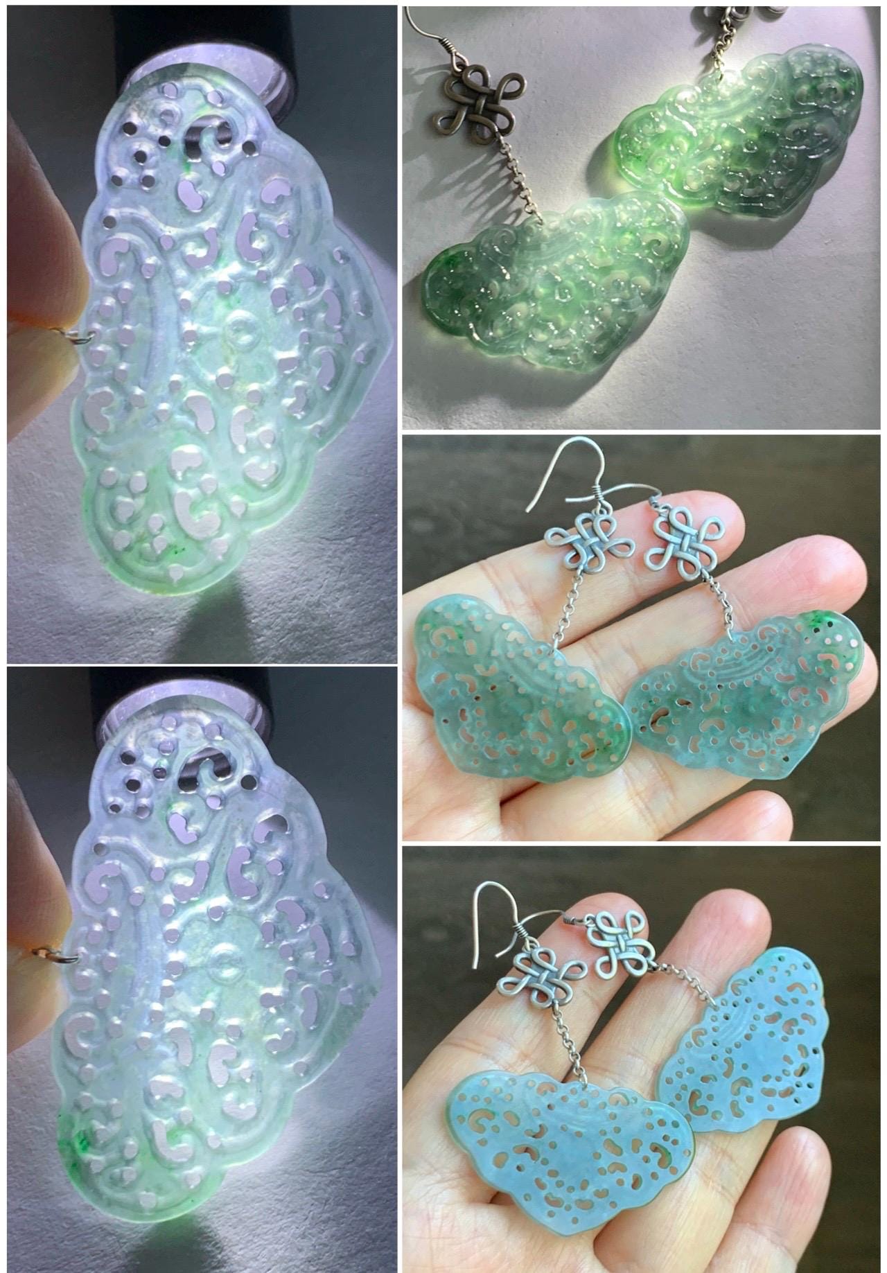 Natural Grade A Guatemalan Icy Translucent Light Teal Jade Jadeite Openwork Engraved Ruyi Earrings Sterling Silver 天然冰危晴蓝飘花翡翠镂空雕银耳钩 WPH162