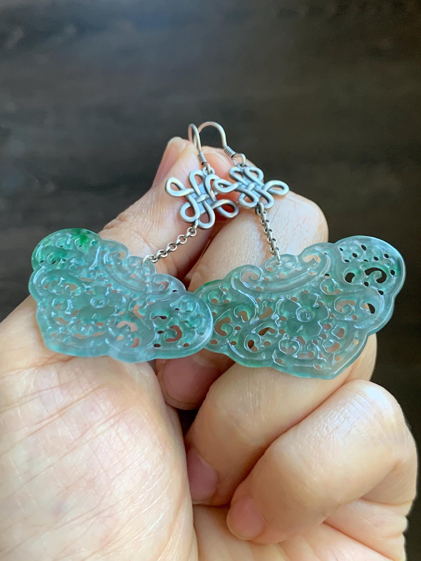 Natural Grade A Guatemalan Icy Translucent Light Teal Jade Jadeite Openwork Engraved Ruyi Earrings Sterling Silver 天然冰危晴蓝飘花翡翠镂空雕银耳钩 WPH162