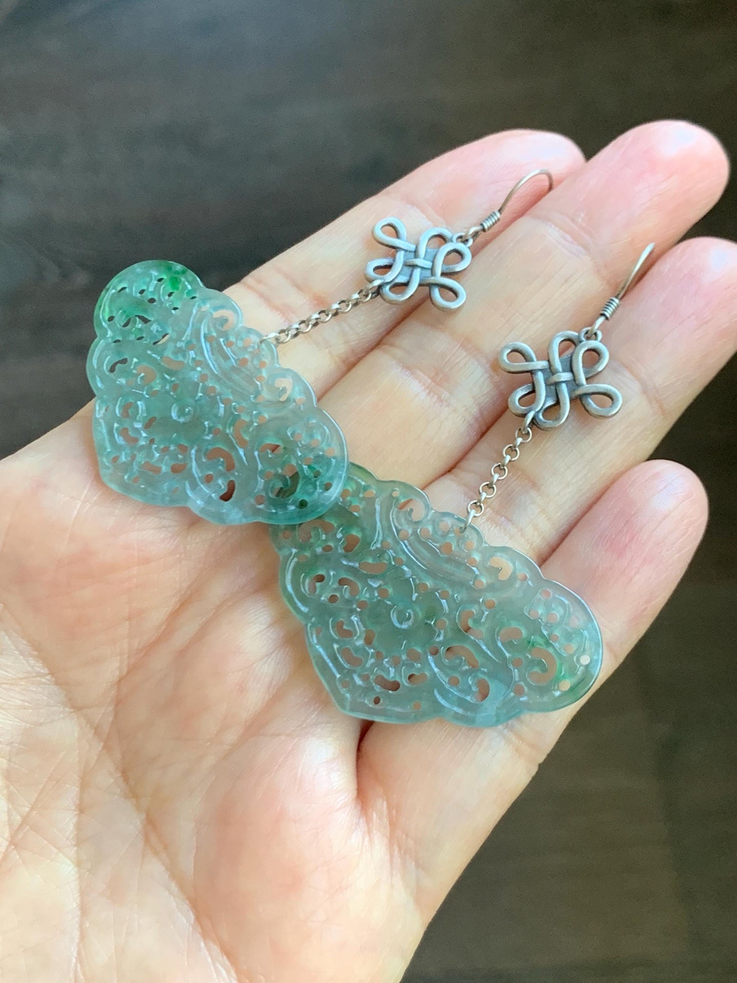 Natural Grade A Guatemalan Icy Translucent Light Teal Jade Jadeite Openwork Engraved Ruyi Earrings Sterling Silver 天然冰危晴蓝飘花翡翠镂空雕银耳钩 WPH162