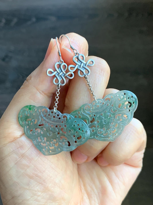 Natural Grade A Guatemalan Icy Translucent Light Teal Jade Jadeite Openwork Engraved Ruyi Earrings Sterling Silver 天然冰危晴蓝飘花翡翠镂空雕银耳钩 WPH162