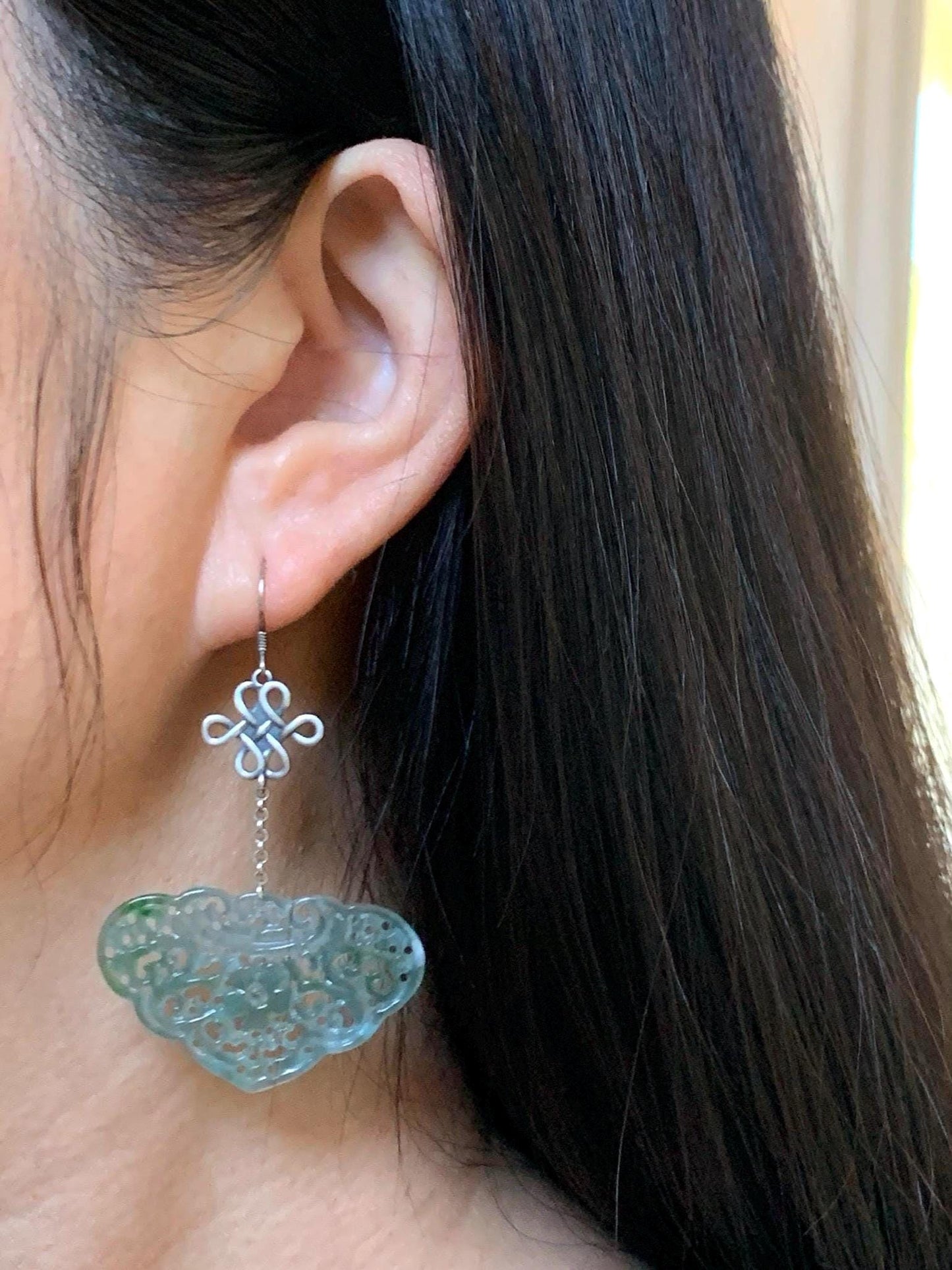 Natural Grade A Guatemalan Icy Translucent Light Teal Jade Jadeite Openwork Engraved Ruyi Earrings Sterling Silver 天然冰危晴蓝飘花翡翠镂空雕银耳钩 WPH162