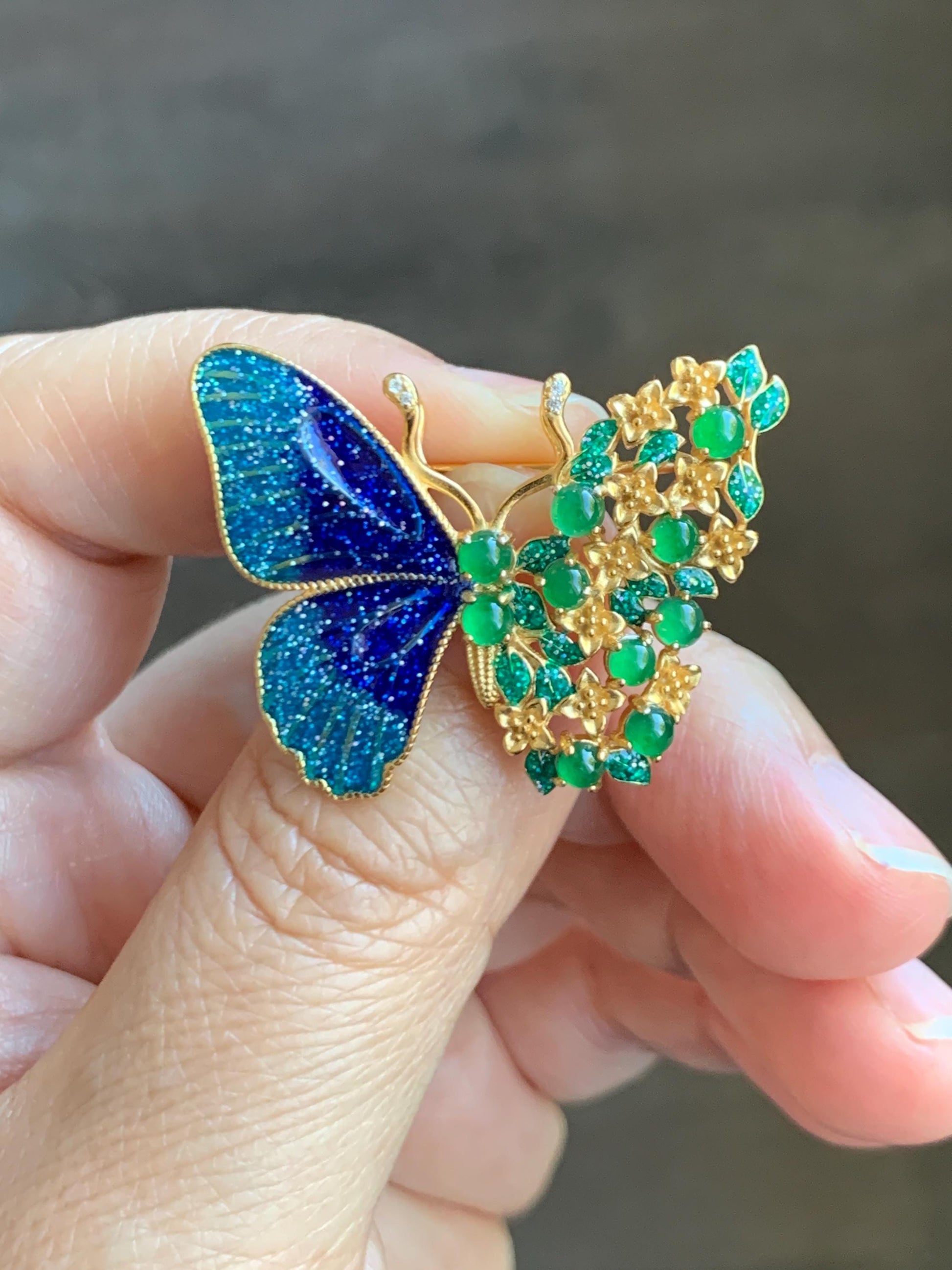 Certified Natural Guatemalan Icy Translucent Vibrant Green Jade Jadeite Butterfly Brooch Pendant Sterling Silver 天然冰危绿翡翠银镶蝴蝶烤漆胸针吊坠 0760