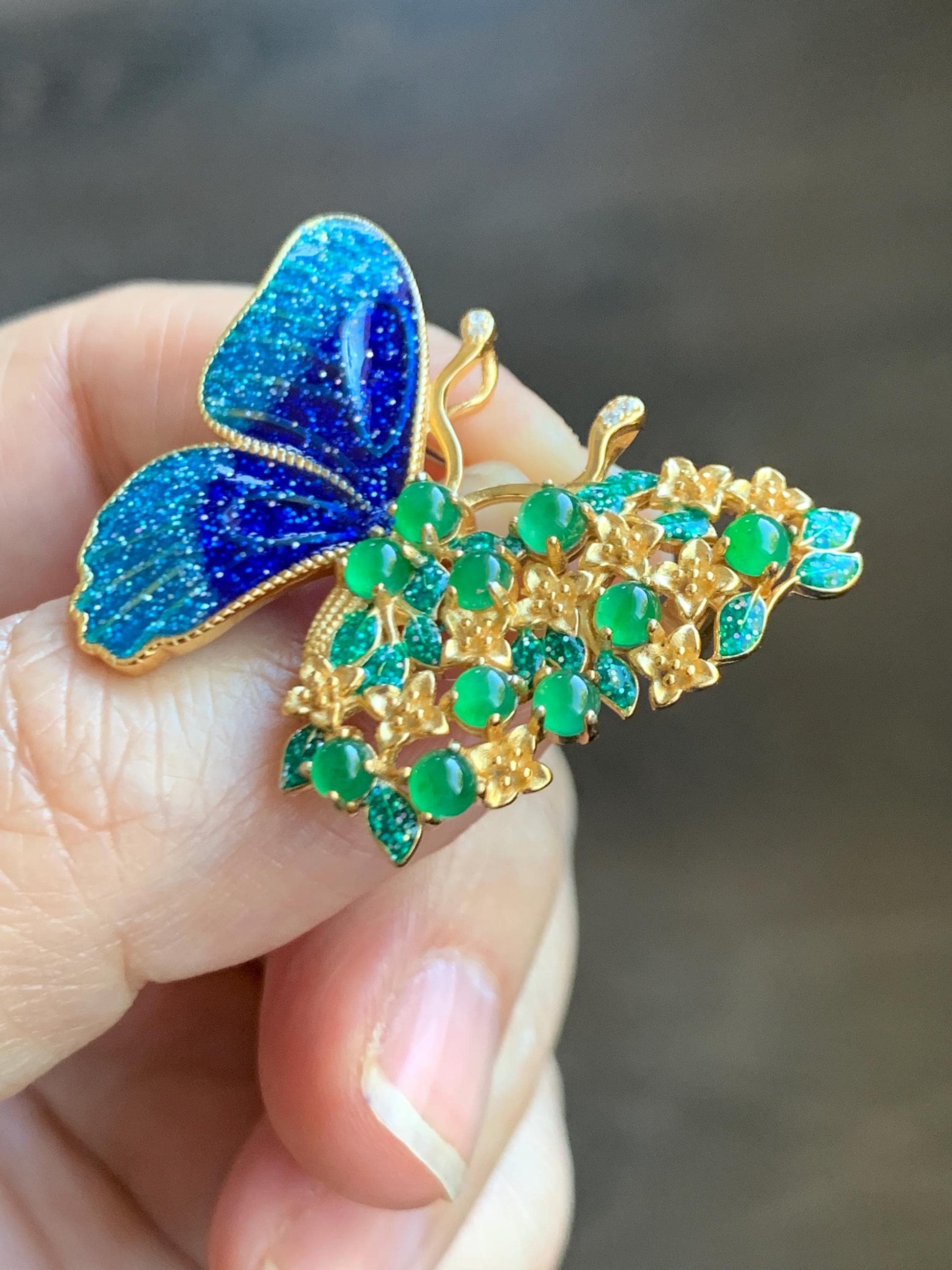 Certified Natural Guatemalan Icy Translucent Vibrant Green Jade Jadeite Butterfly Brooch Pendant Sterling Silver 天然冰危绿翡翠银镶蝴蝶烤漆胸针吊坠 0760