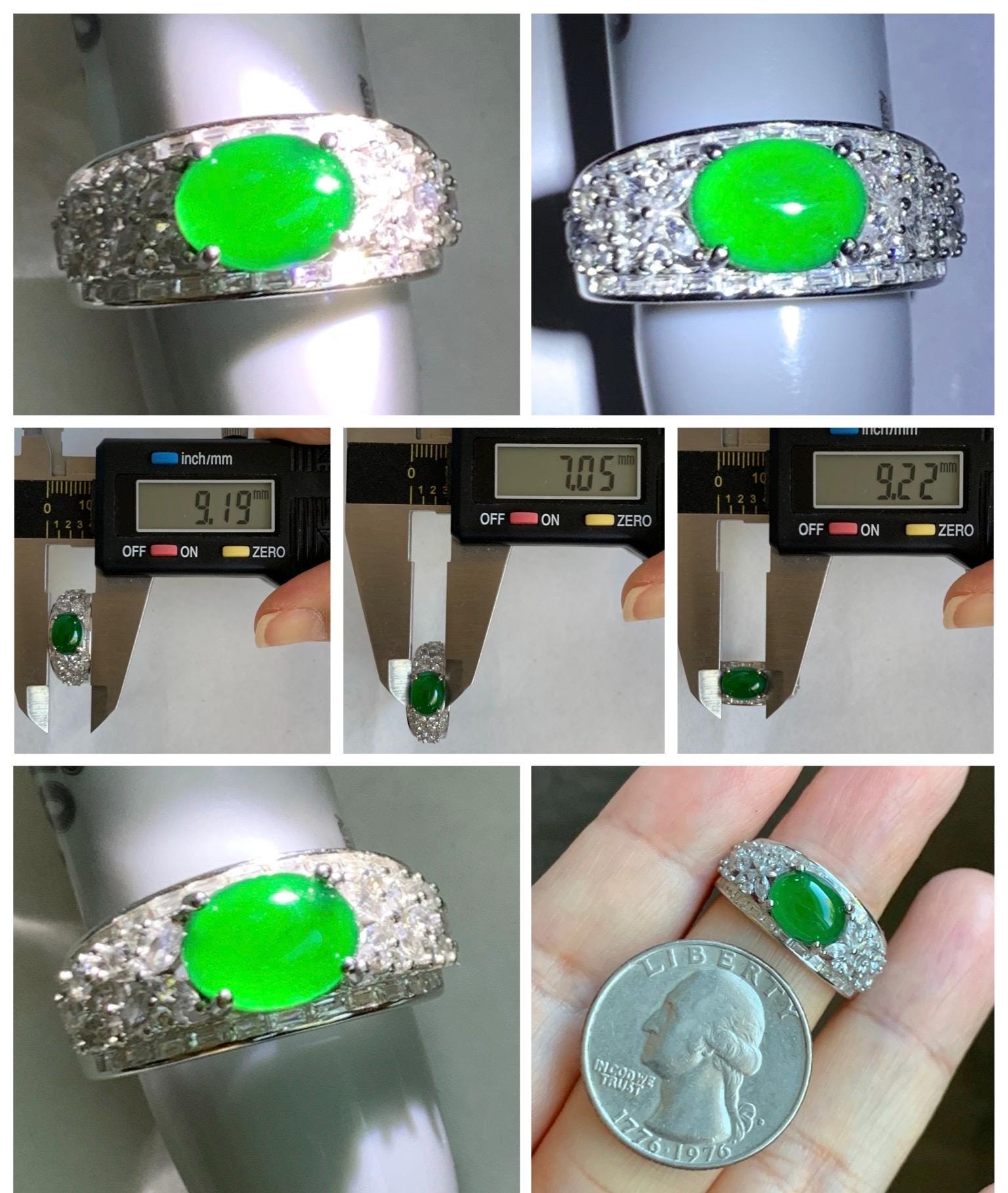 Natural Grade A Guatemalan Icy Translucent Vibrant Green Cabochon Jade Jadeite Ring Sterling Silver Size Adjustable 3g 天然冰危绿翡翠银镶戒指 WLO128