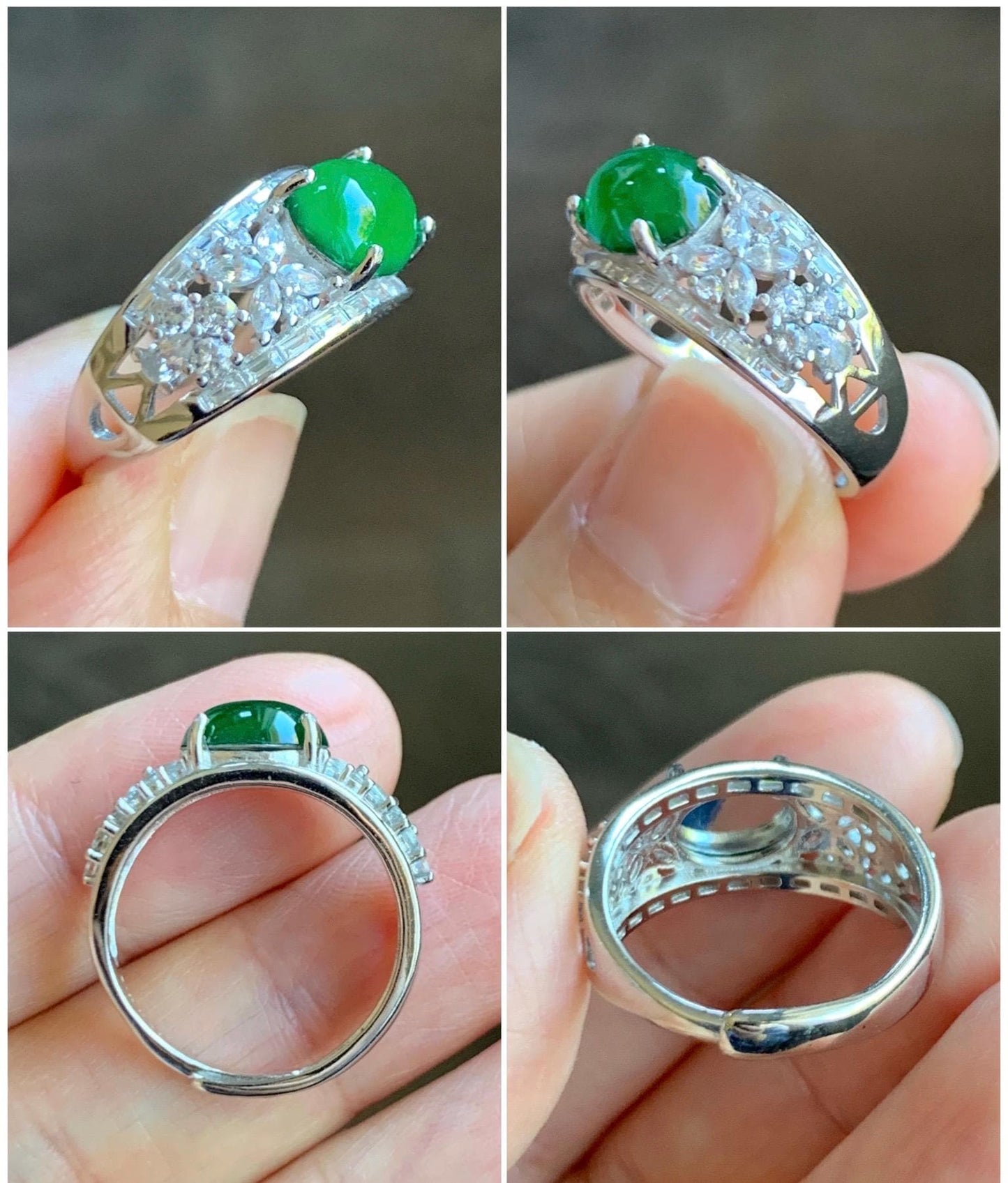 Natural Grade A Guatemalan Icy Translucent Vibrant Green Cabochon Jade Jadeite Ring Sterling Silver Size Adjustable 3g 天然冰危绿翡翠银镶戒指 WLO128