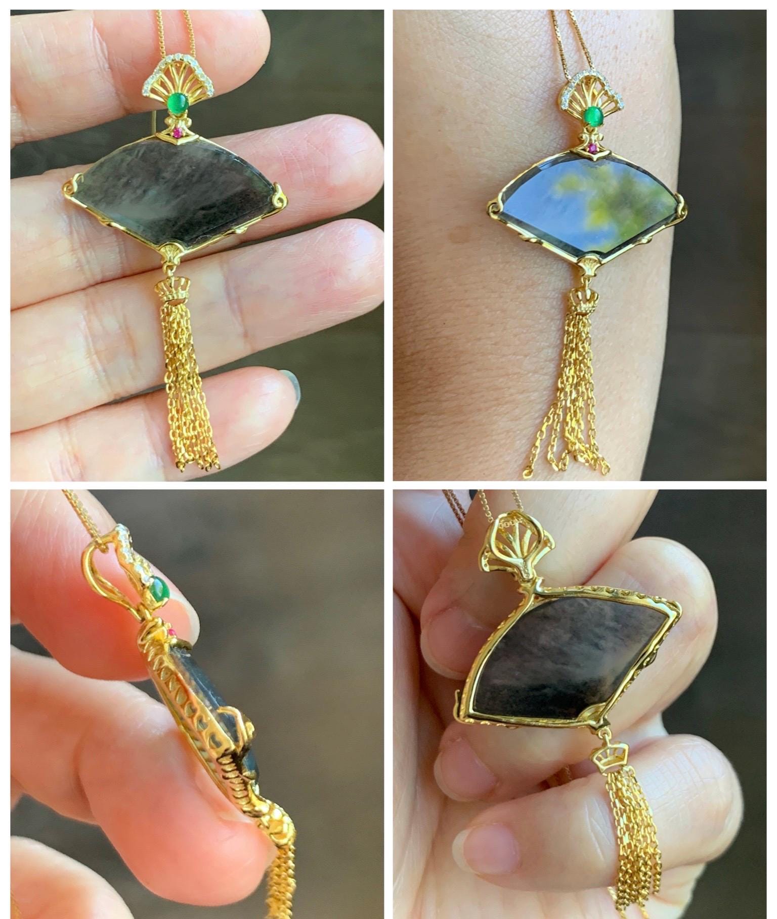 Natural Grade A Guatemalan Icy Highly Translucent Wuji Jadeite Wu Shi Pai Fan Pendant Sterling Silver 4g 天然冰胶危乌鸡翡翠无事牌镶嵌扇子吊坠 WJS150