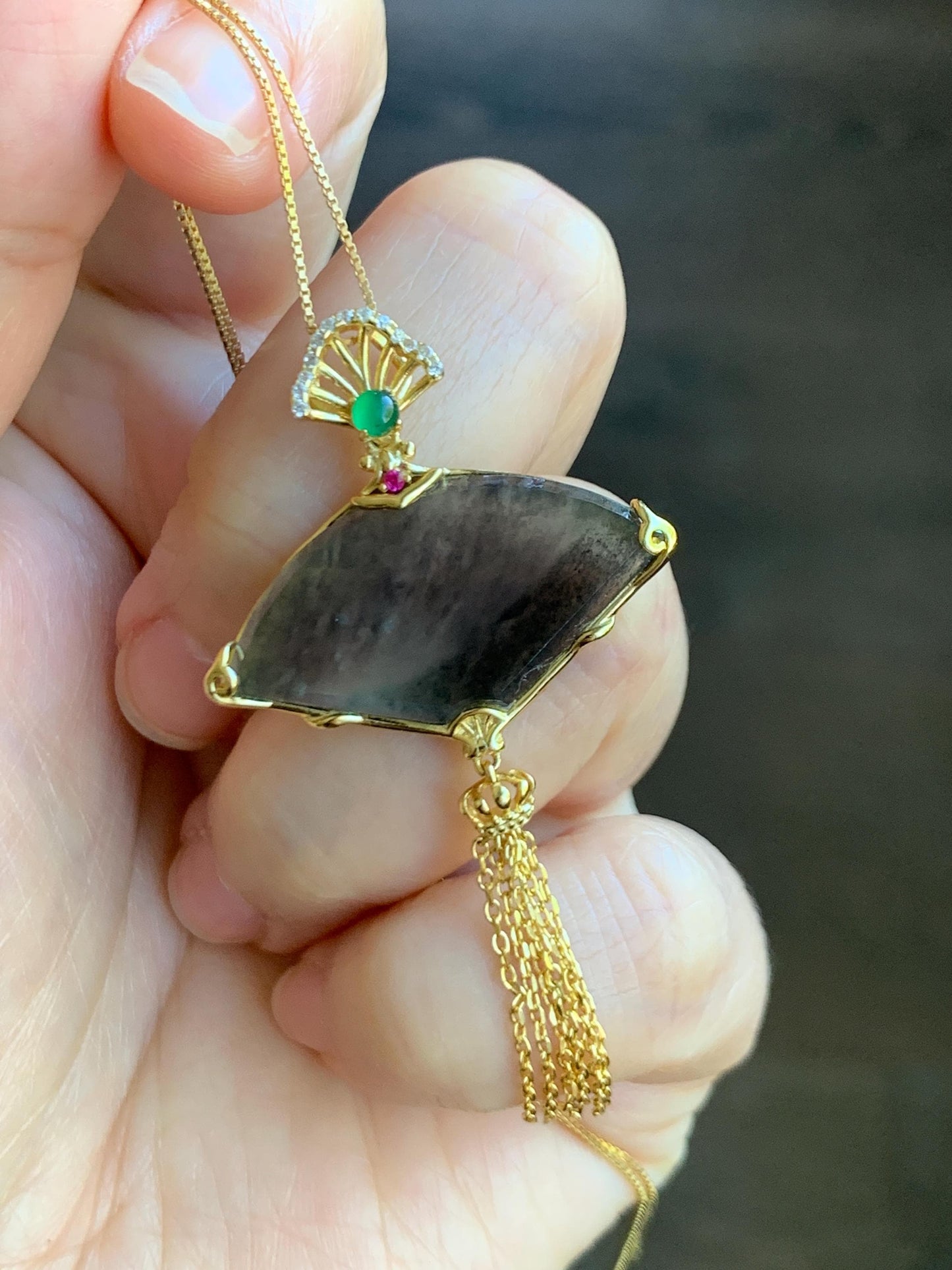 Natural Grade A Guatemalan Icy Highly Translucent Wuji Jadeite Wu Shi Pai Fan Pendant Sterling Silver 4g 天然冰胶危乌鸡翡翠无事牌镶嵌扇子吊坠 WJS150