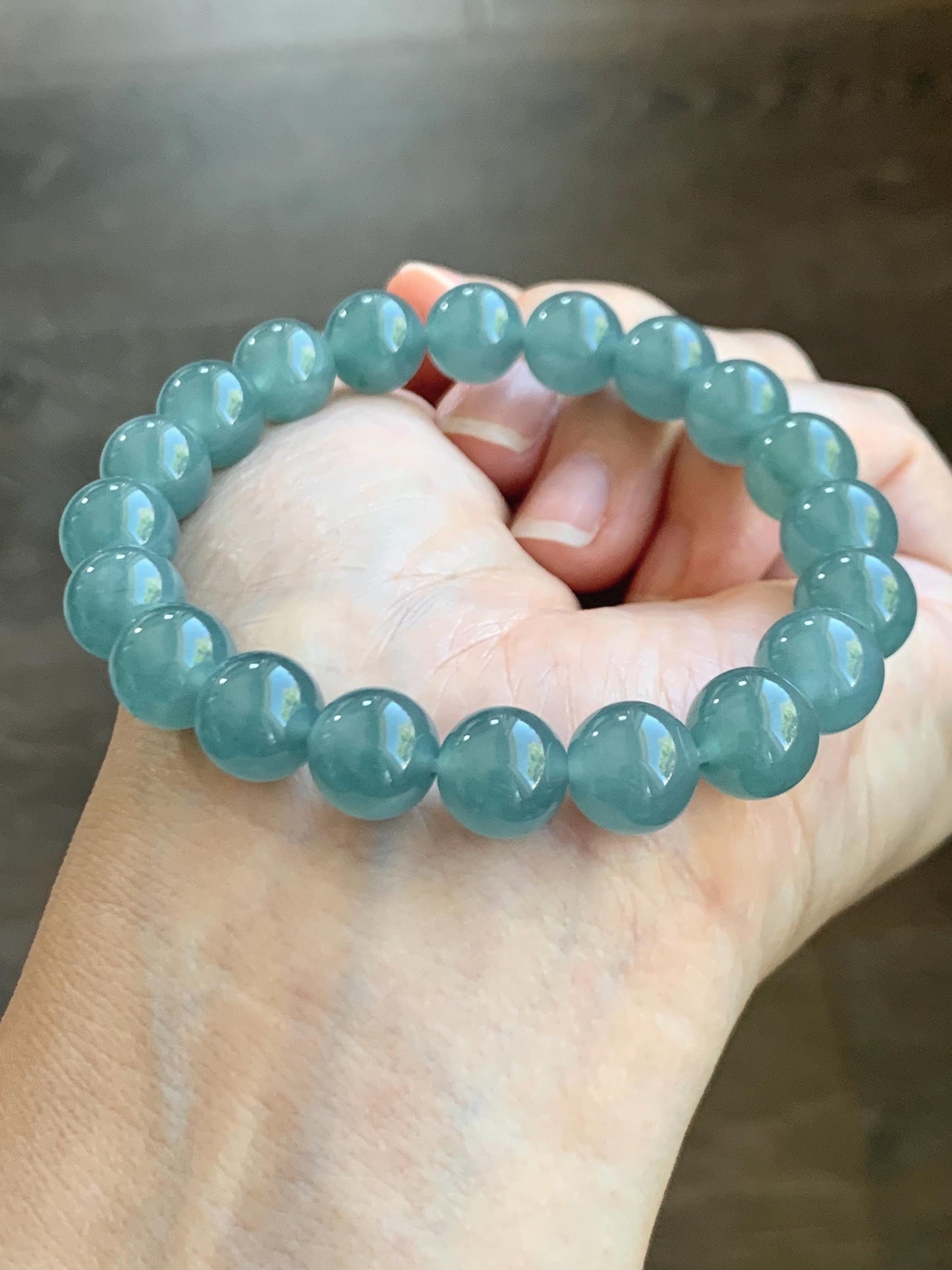 Natural Grade A Guatemalan Icy Translucent Teal Jade Jadeite Beaded Bracelet Stretchy 9.8mm 7.25” 33g 天然冰危蓝绿翡翠圆珠手串 WLL385B