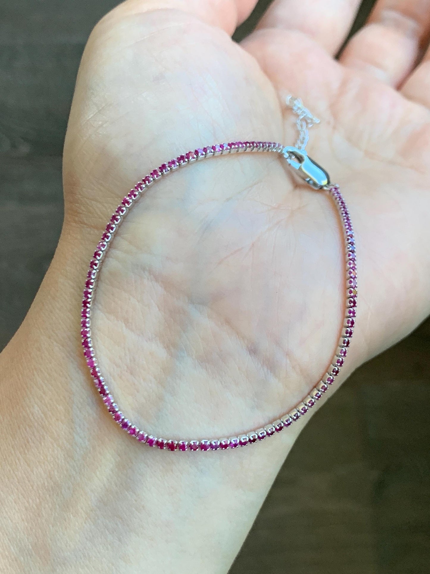 Natural Genuine Untreated Dark Pink Sapphire Petite Dainty Tennis Bracelet Sterling Silver Adjustable 6.75”-8.75” 1.7mm 3g 358A