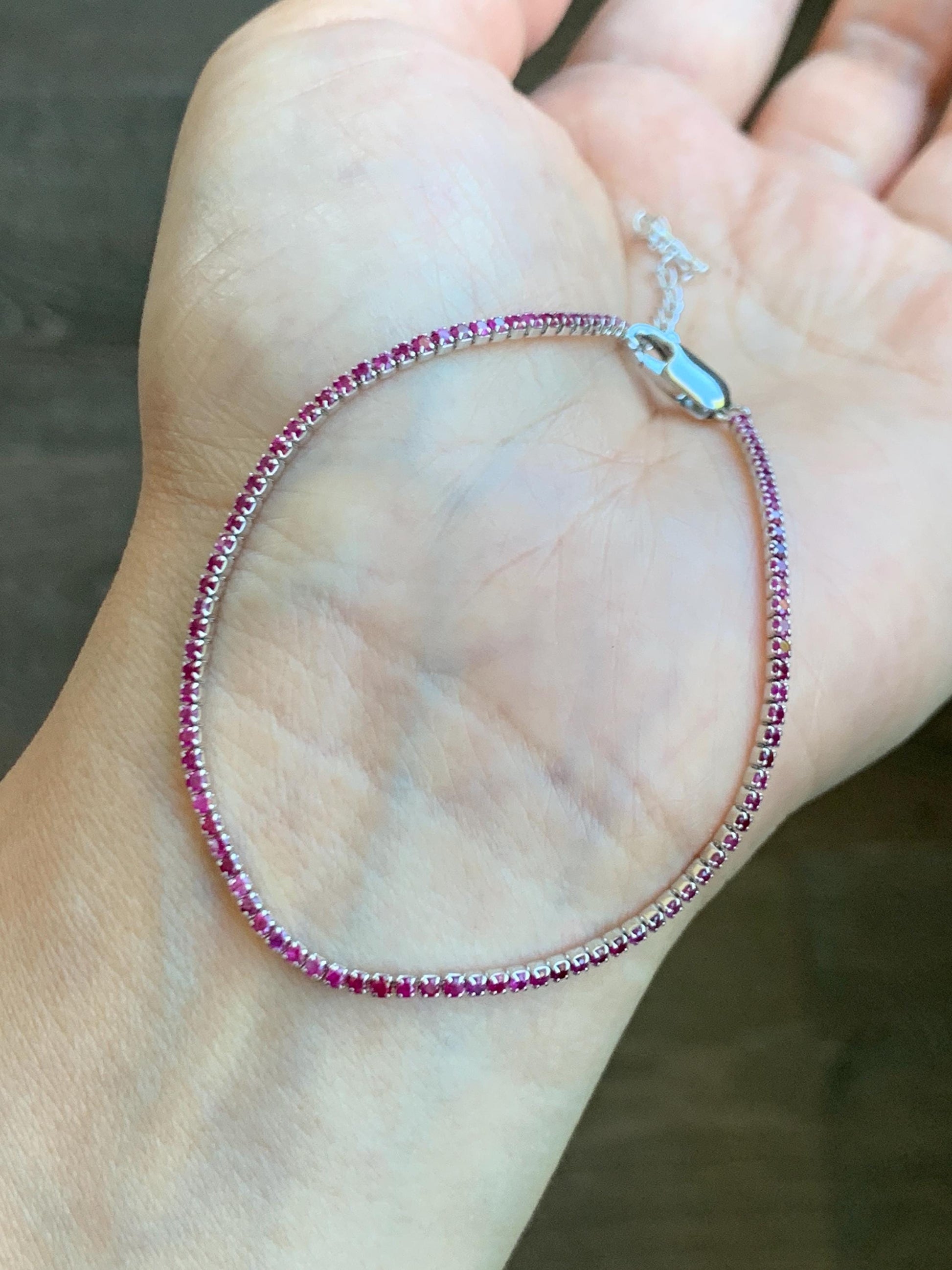 Natural Genuine Untreated Dark Pink Sapphire Petite Dainty Tennis Bracelet Sterling Silver Adjustable 6.75”-8.75” 1.7mm 3g 358A