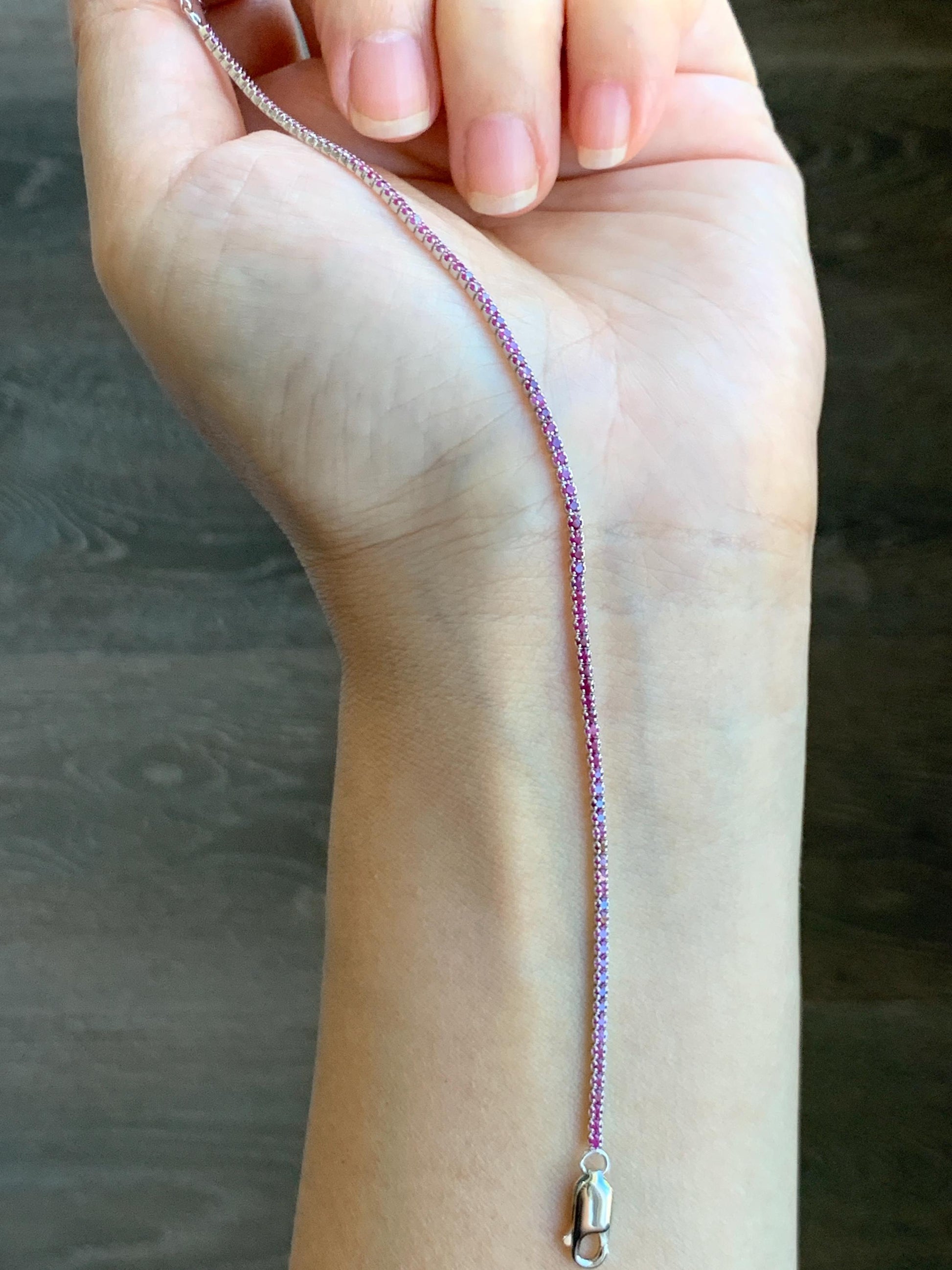 Natural Genuine Untreated Dark Pink Sapphire Petite Dainty Tennis Bracelet Sterling Silver Adjustable 6.75”-8.75” 1.7mm 3g 358A