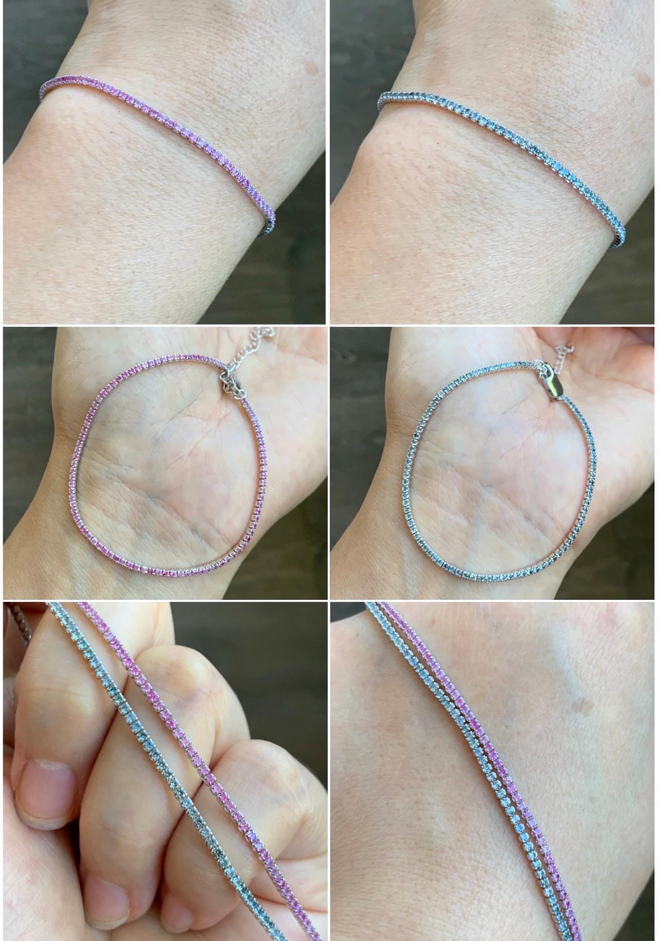 Natural Genuine Untreated Light Pink or Blue Sapphire Petite Dainty Tennis Bracelet Sterling Silver Adjustable 6.75”-8.75” 1.7mm 3g