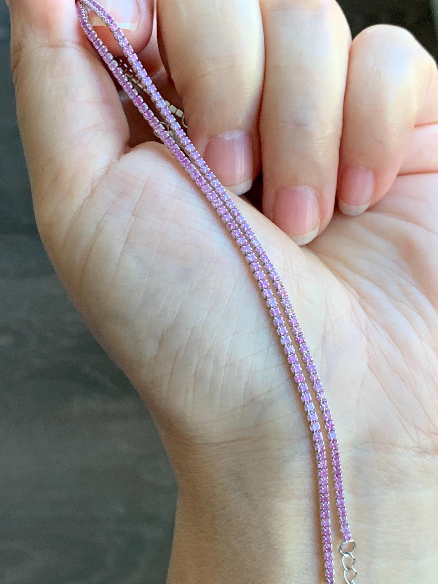 Natural Genuine Untreated Light Pink or Blue Sapphire Petite Dainty Tennis Bracelet Sterling Silver Adjustable 6.75”-8.75” 1.7mm 3g