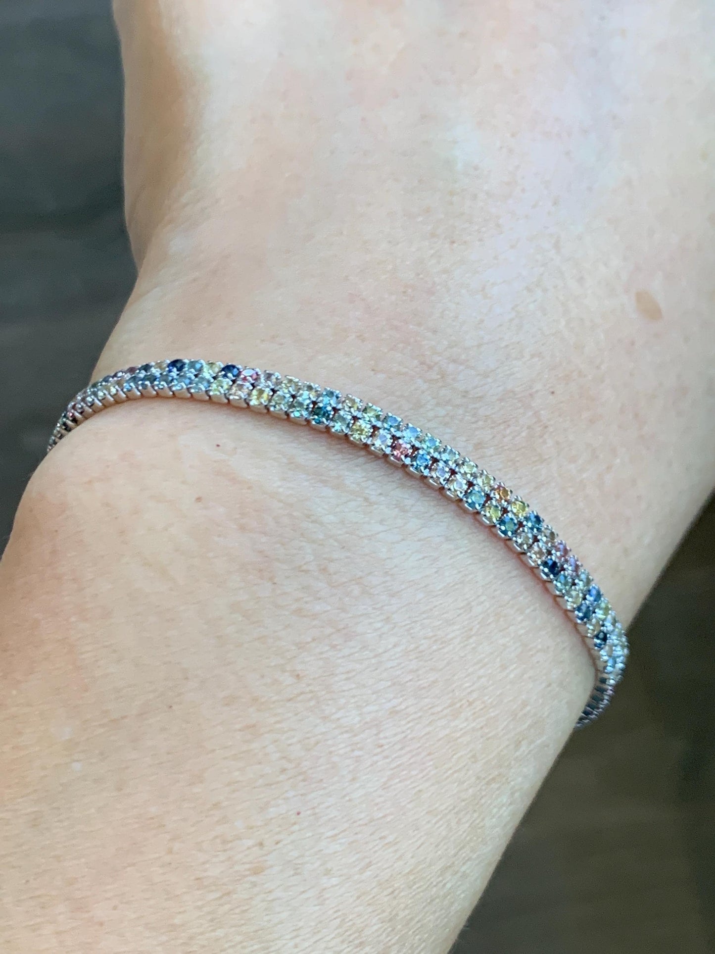 Natural Genuine Untreated Multicolored Rainbow Sapphire Petite Dainty Tennis Bracelet Sterling Silver Adjustable 6.75”-8.75” 4g 361A