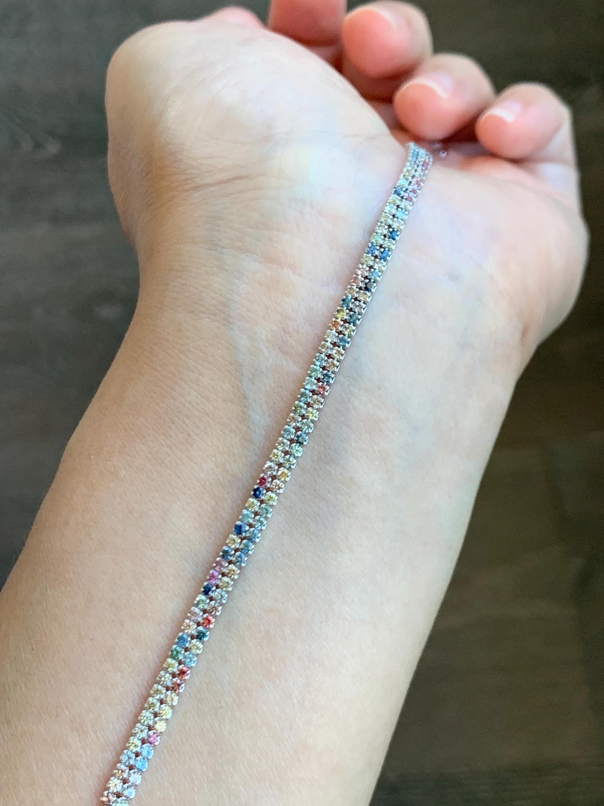 Natural Genuine Untreated Multicolored Rainbow Sapphire Petite Dainty Tennis Bracelet Sterling Silver Adjustable 6.75”-8.75” 4g 361A