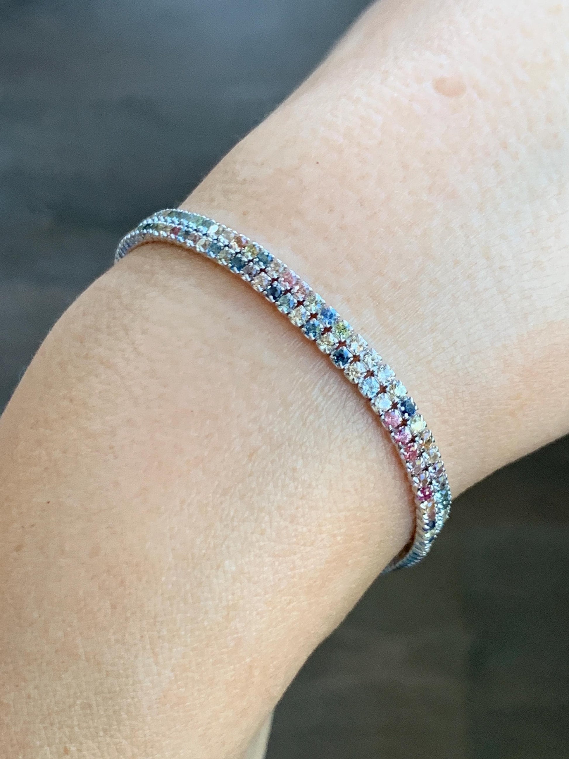 Natural Genuine Untreated Multicolored Rainbow Sapphire Petite Dainty Tennis Bracelet Sterling Silver Adjustable 6.75”-8.75” 4g 361A