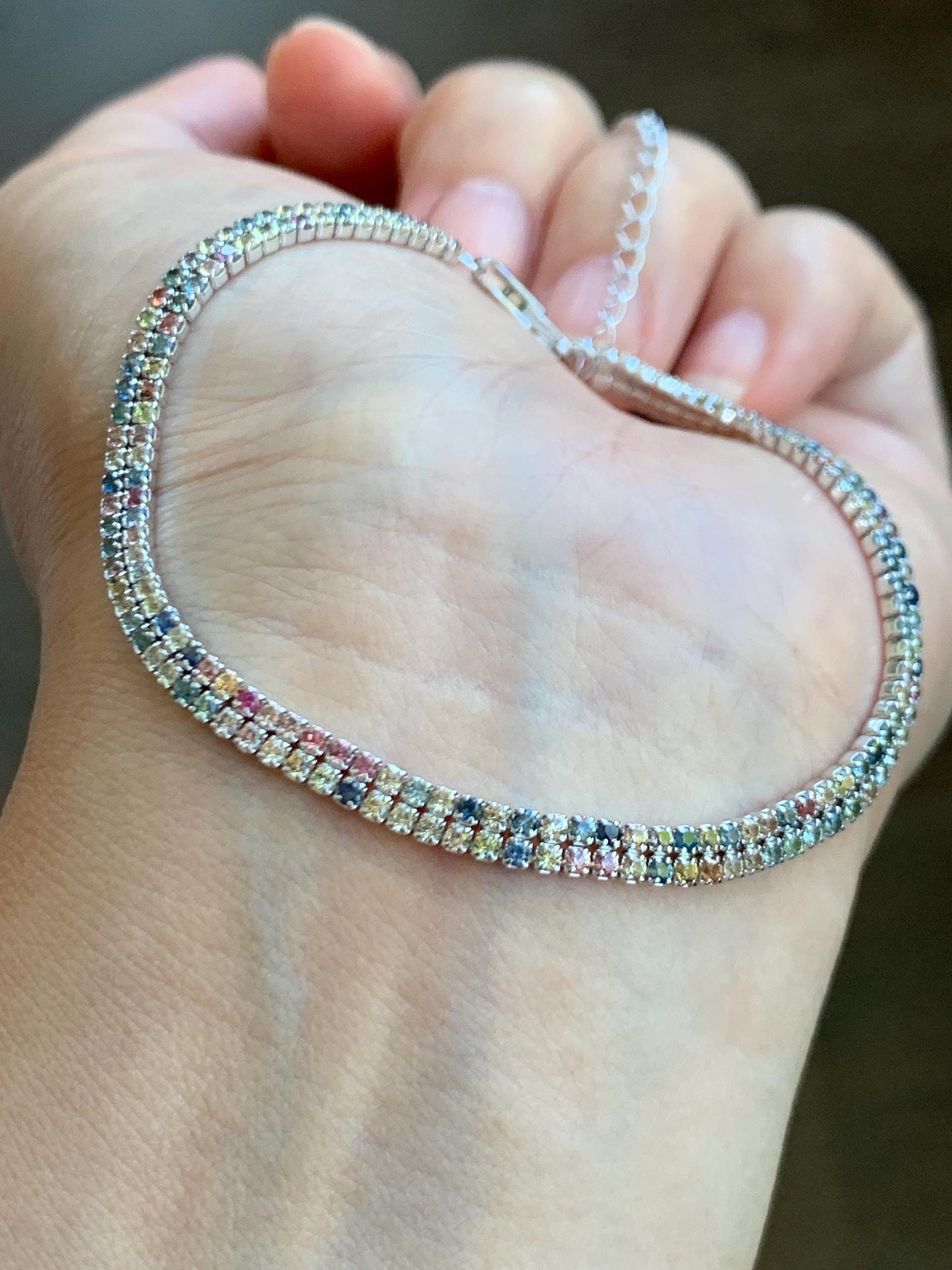 Natural Genuine Untreated Multicolored Rainbow Sapphire Petite Dainty Tennis Bracelet Sterling Silver Adjustable 6.75”-8.75” 4g 361A