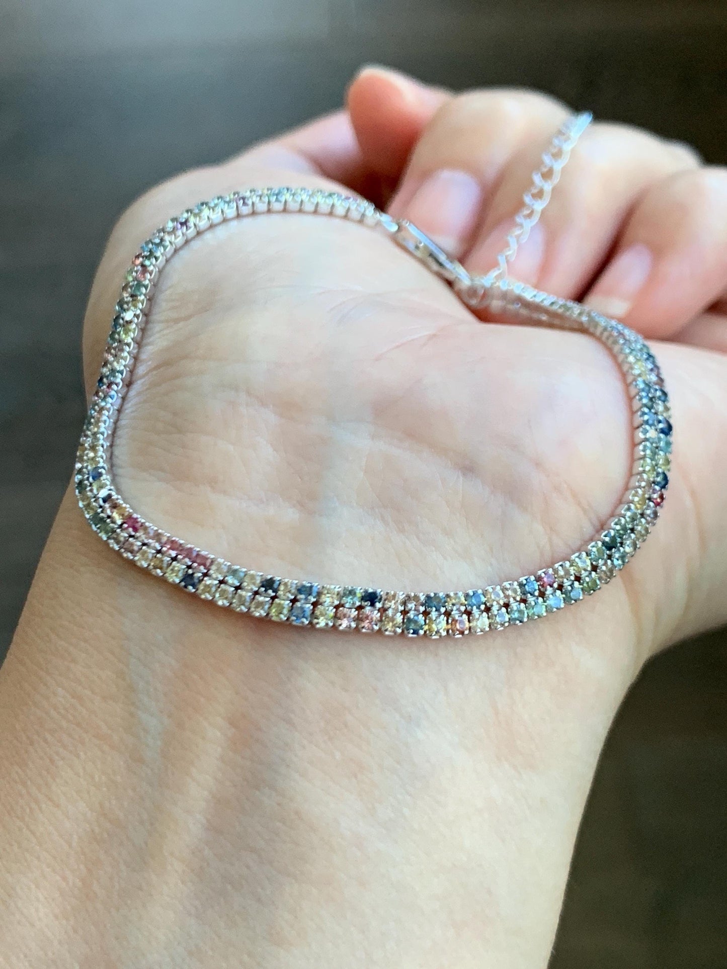 Natural Genuine Untreated Multicolored Rainbow Sapphire Petite Dainty Tennis Bracelet Sterling Silver Adjustable 6.75”-8.75” 4g 361A