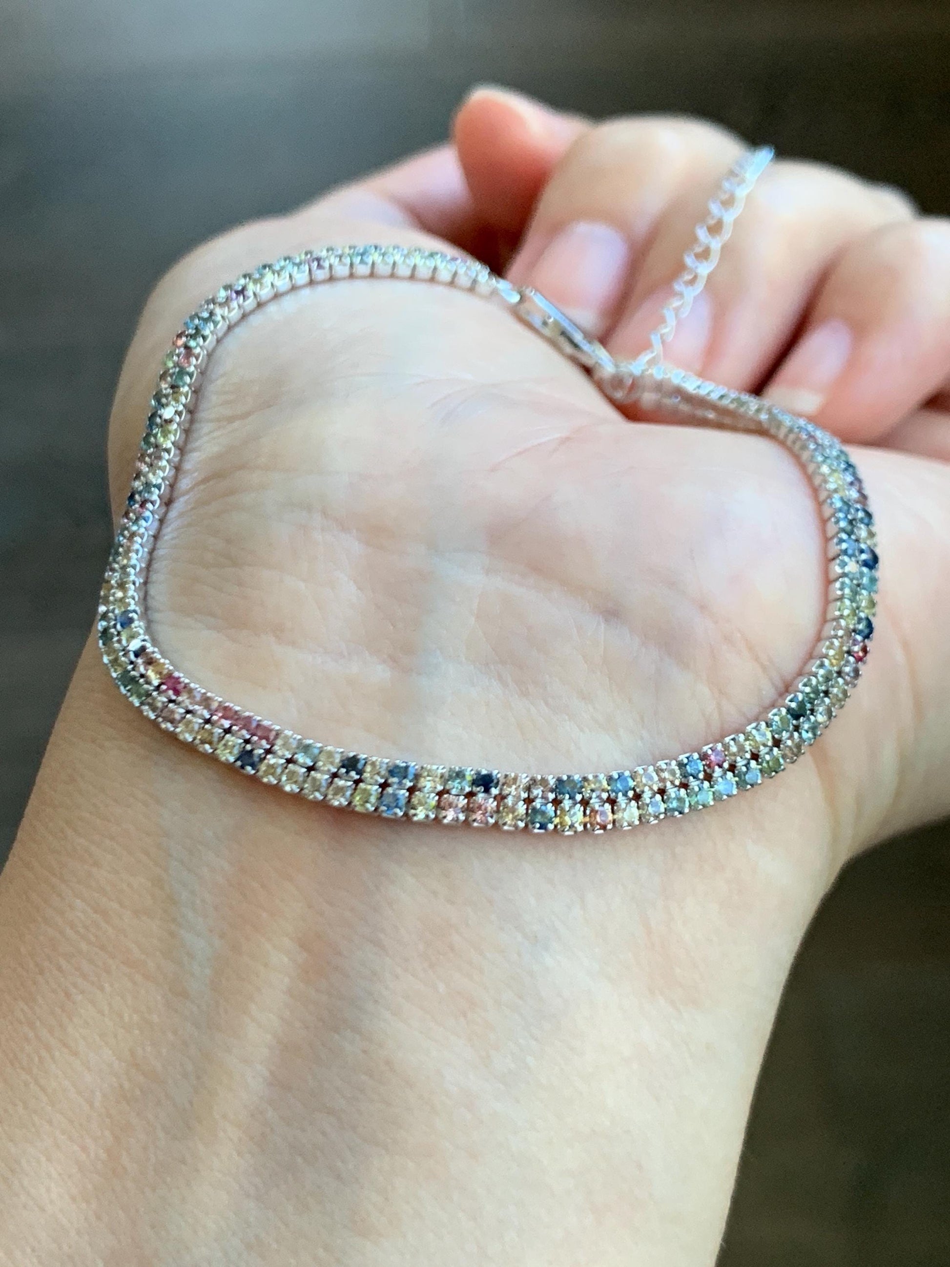 Natural Genuine Untreated Multicolored Rainbow Sapphire Petite Dainty Tennis Bracelet Sterling Silver Adjustable 6.75”-8.75” 4g 361A