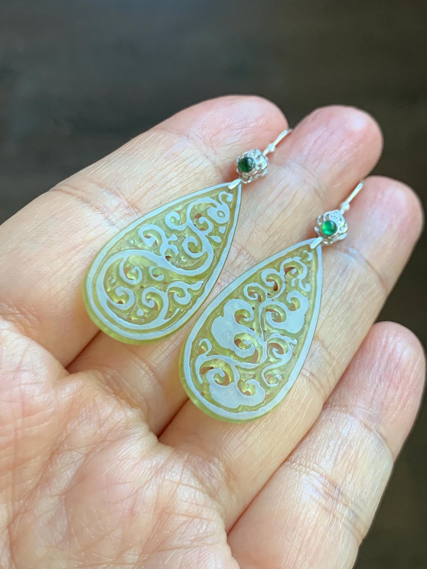 Natural Grade A Icy Highly Translucent Yellow Jade Jadeite Openwork Engraved Teardrop Earrings Sterling Silver 天然冰黄翡翠镂空雕水滴耳钩耳吊 BMH248
