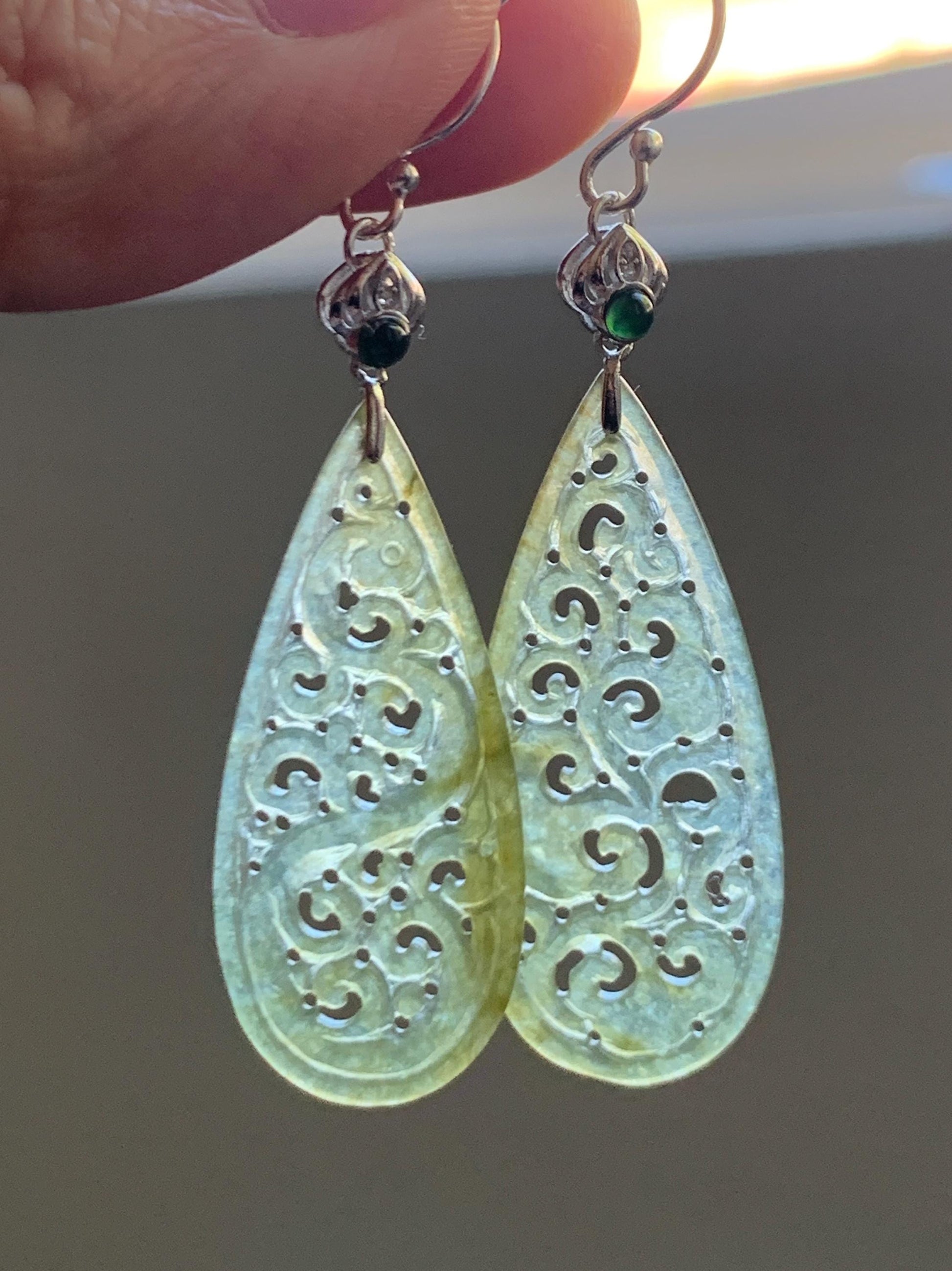 Natural Grade A Icy Highly Translucent Yellow Jade Jadeite Openwork Engraved Teardrop Earrings Sterling Silver 天然冰黄翡翠镂空雕水滴耳钩耳吊 BMH248