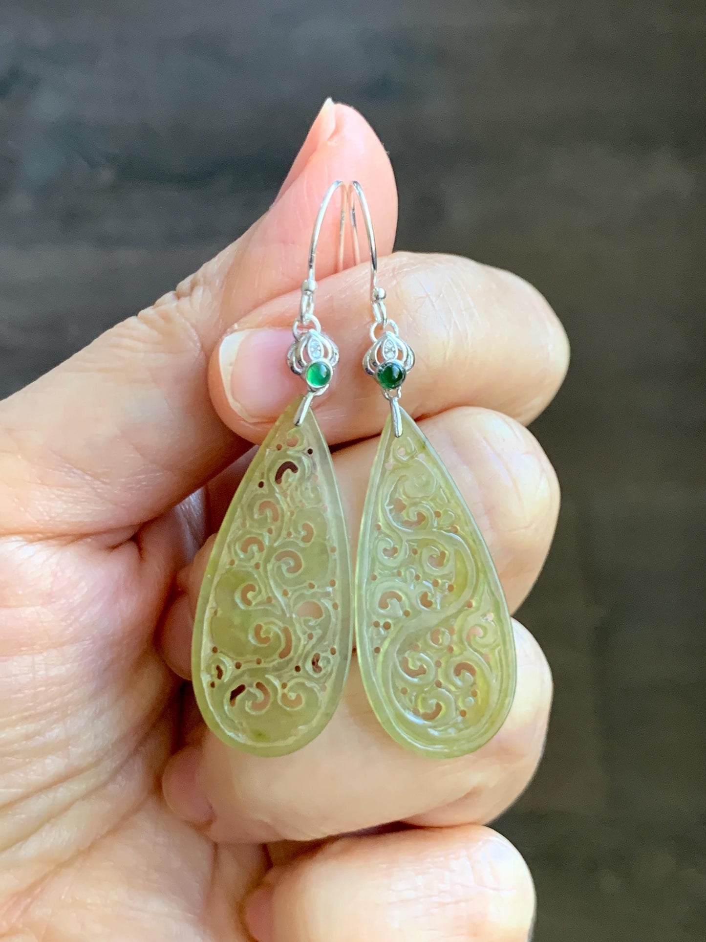 Natural Grade A Icy Highly Translucent Yellow Jade Jadeite Openwork Engraved Teardrop Earrings Sterling Silver 天然冰黄翡翠镂空雕水滴耳钩耳吊 BMH248