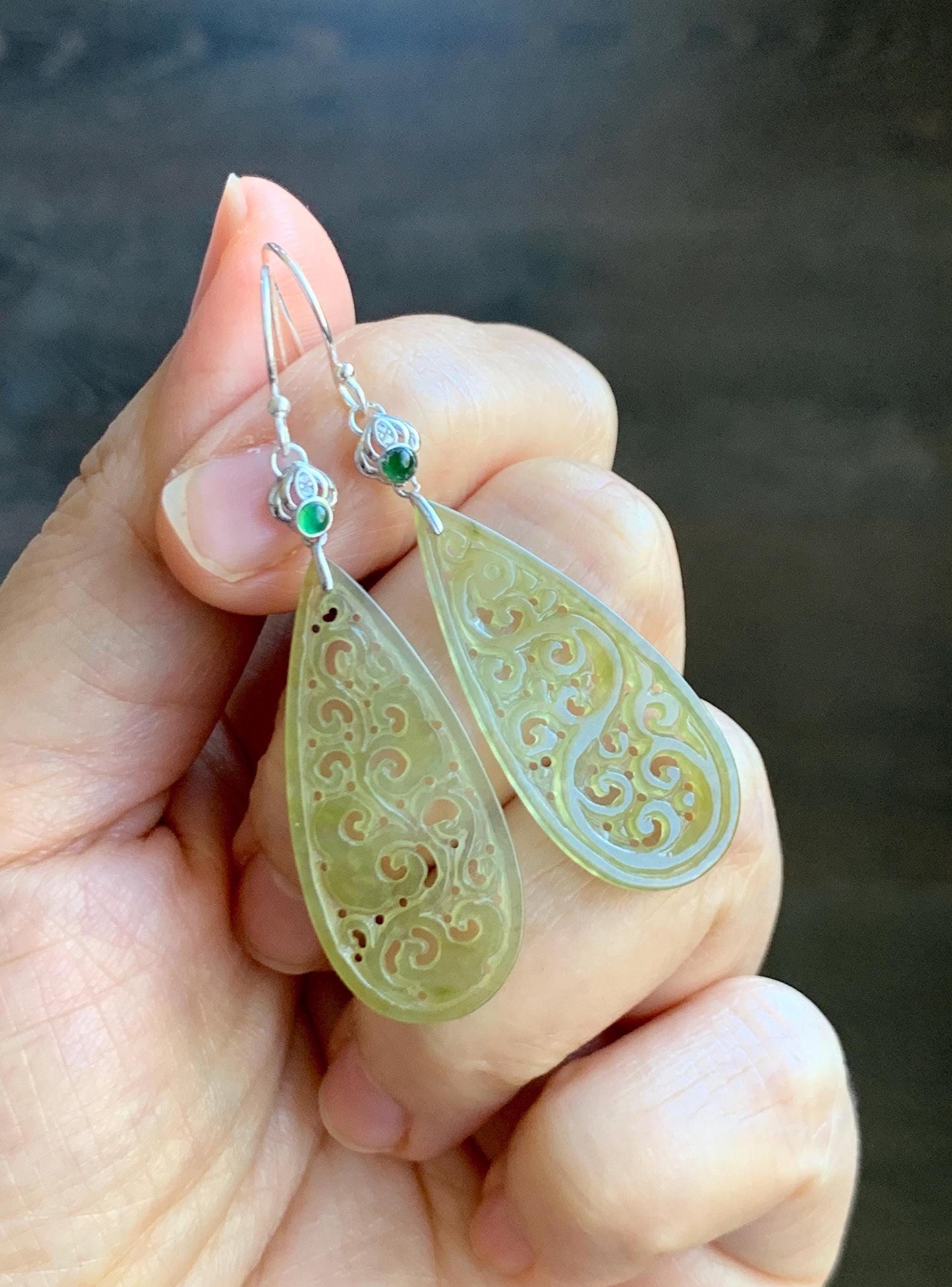Natural Grade A Icy Highly Translucent Yellow Jade Jadeite Openwork Engraved Teardrop Earrings Sterling Silver 天然冰黄翡翠镂空雕水滴耳钩耳吊 BMH248