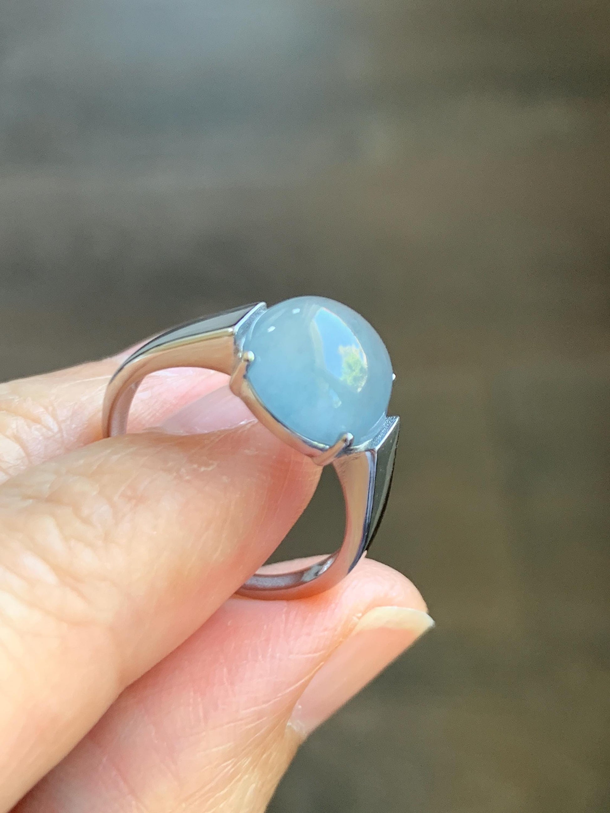 Natural Grade A Guatemalan Icy Highly Translucent Light Blue Large Jade Jadeite Solitaire Ring Sterling Silver Size 7 天然冰危淡蓝翡翠银镶戒指 DLW110