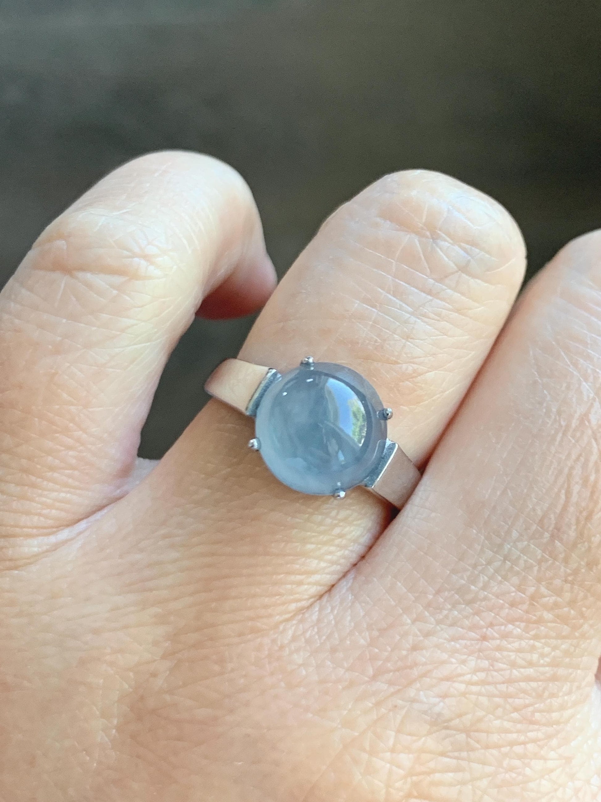 Natural Grade A Guatemalan Icy Highly Translucent Light Blue Large Jade Jadeite Solitaire Ring Sterling Silver Size 7 天然冰危淡蓝翡翠银镶戒指 DLW110