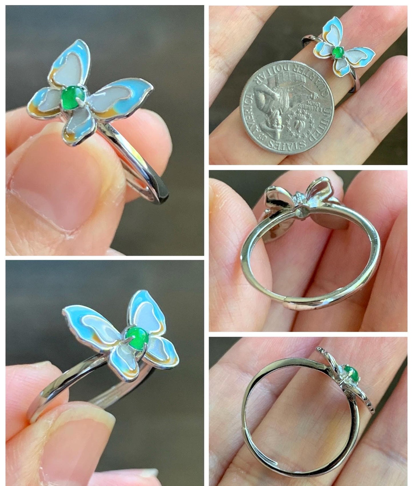 Natural Grade A Guatemalan Icy Translucent Vibrant Green Jade Jadeite Butterfly Enamel Ring Sterling Silver 天然冰危绿翡翠银镶蝴蝶烤漆戒指 HDK66