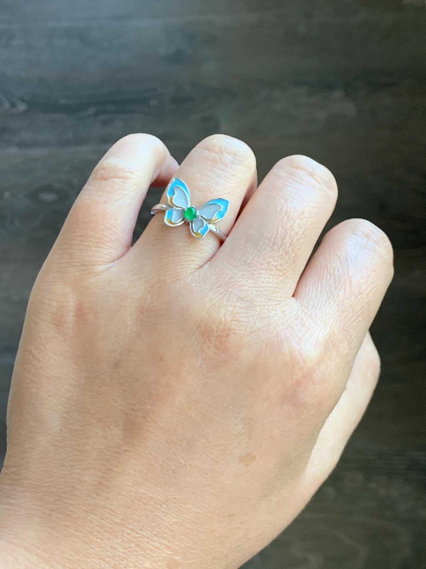 Natural Grade A Guatemalan Icy Translucent Vibrant Green Jade Jadeite Butterfly Enamel Ring Sterling Silver 天然冰危绿翡翠银镶蝴蝶烤漆戒指 HDK66