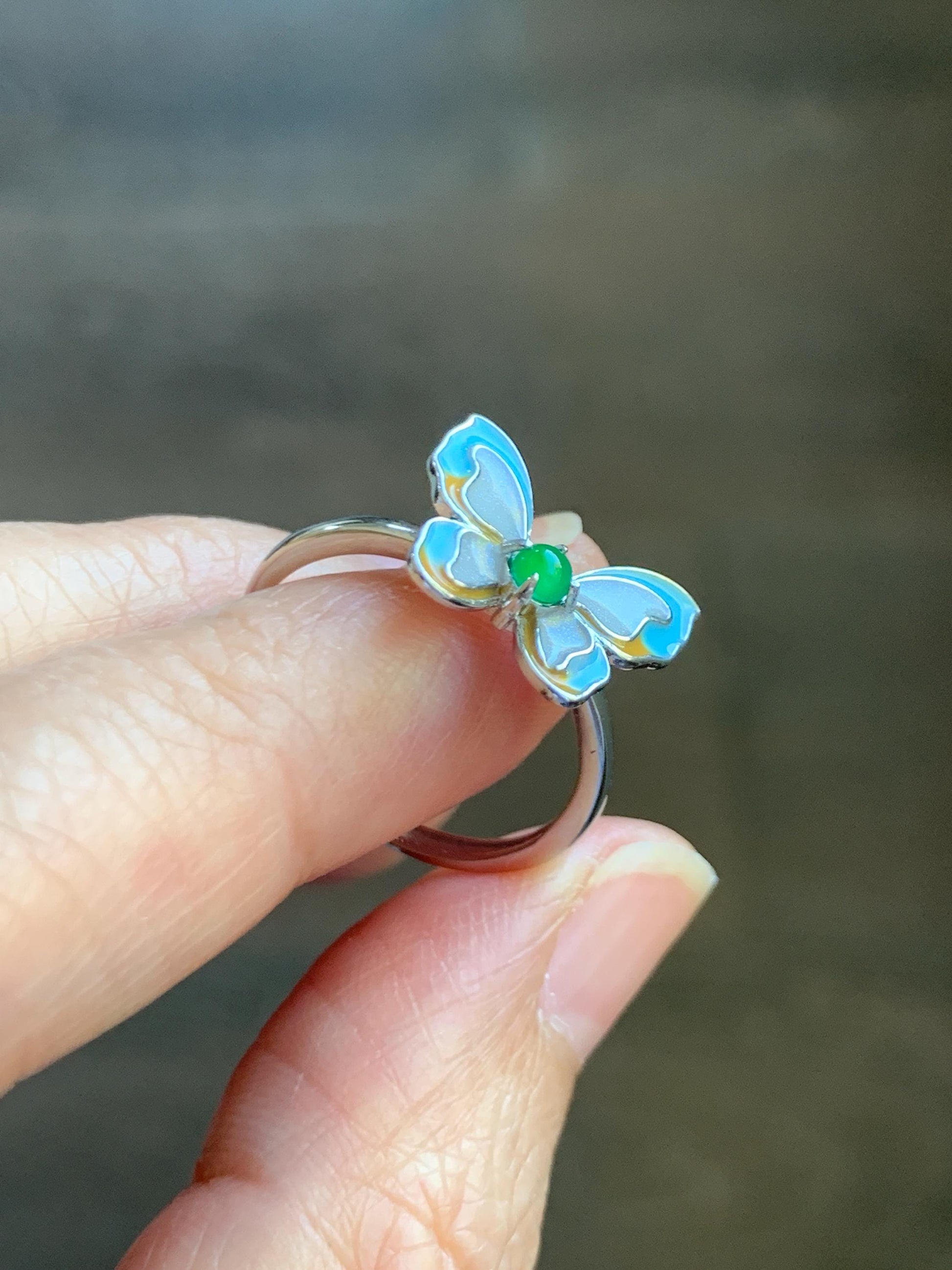 Natural Grade A Guatemalan Icy Translucent Vibrant Green Jade Jadeite Butterfly Enamel Ring Sterling Silver 天然冰危绿翡翠银镶蝴蝶烤漆戒指 HDK66