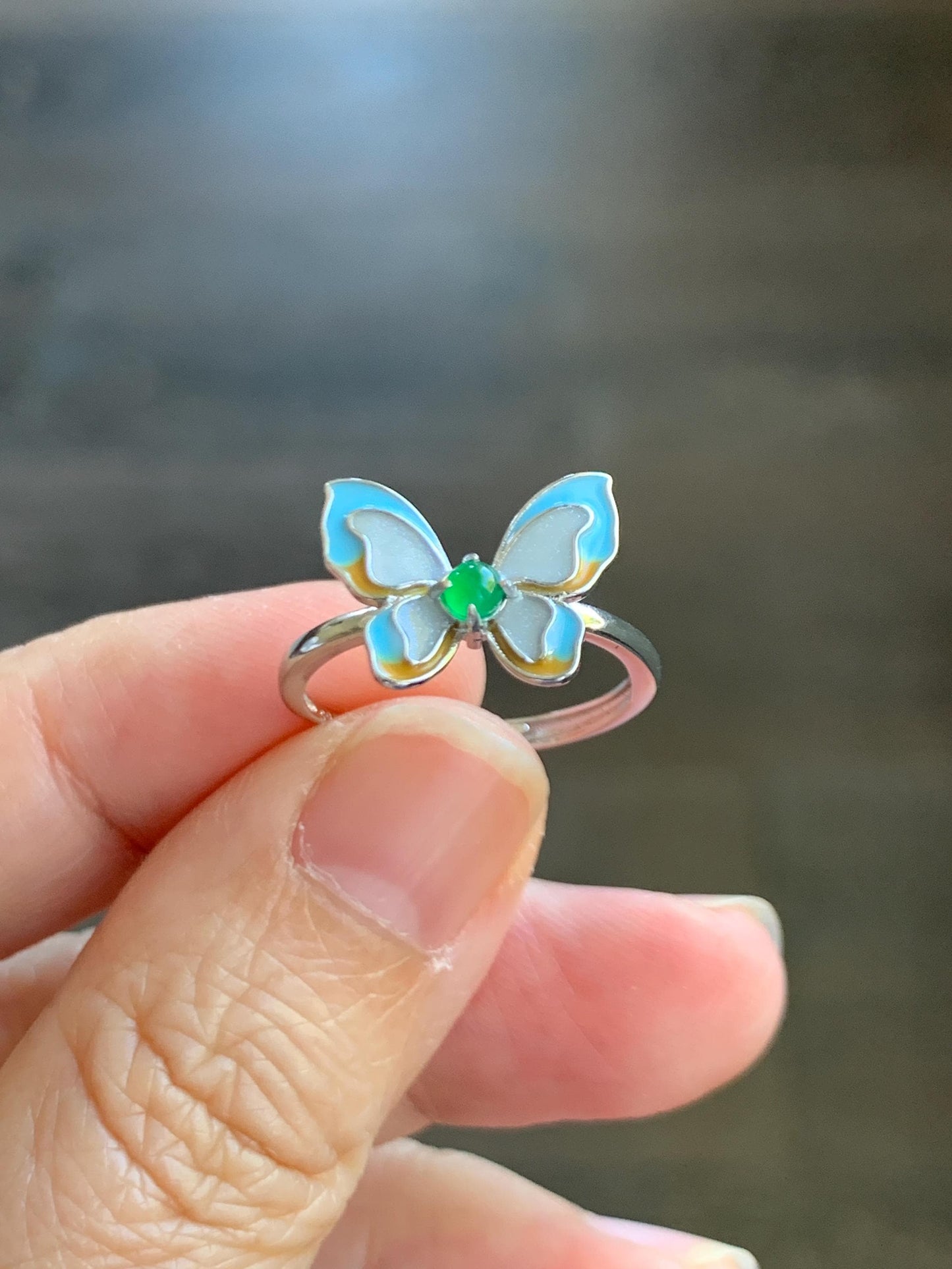 Natural Grade A Guatemalan Icy Translucent Vibrant Green Jade Jadeite Butterfly Enamel Ring Sterling Silver 天然冰危绿翡翠银镶蝴蝶烤漆戒指 HDK66